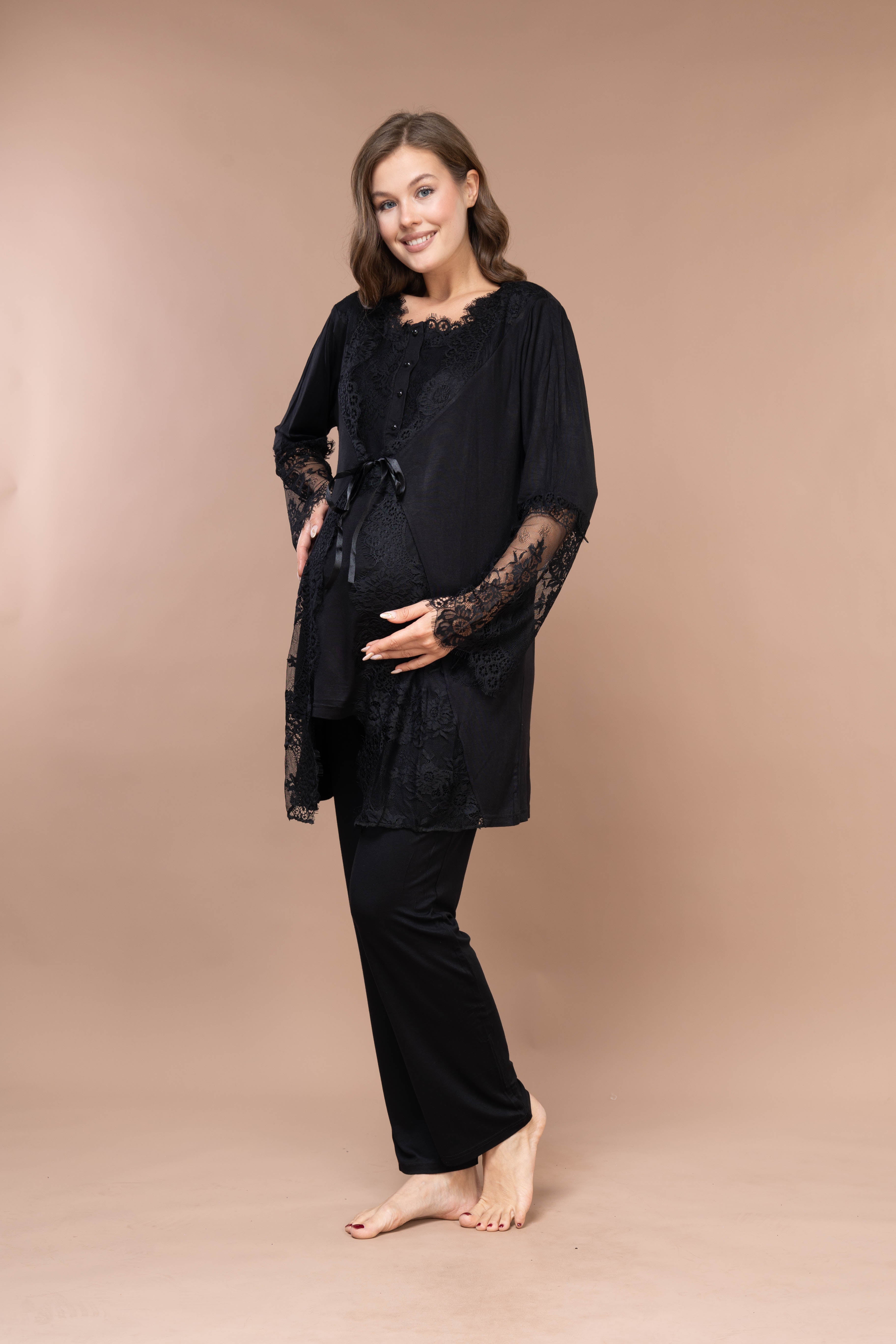 Lace-Sleeve Robe Set with Lace-Trimmed Maternity Pajama 2383