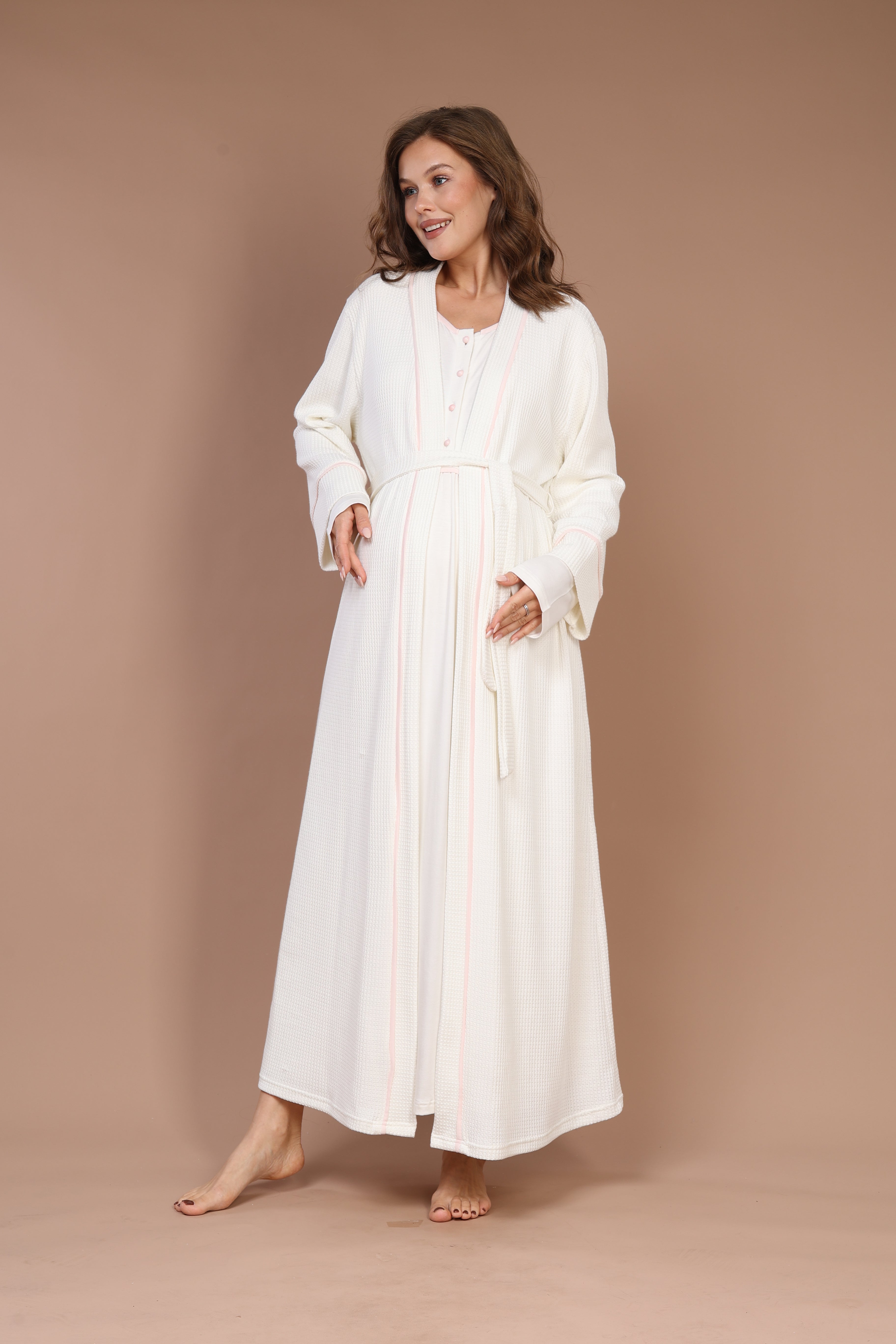 Pink-Piped Front-Button Maternity Nightgown Set 602