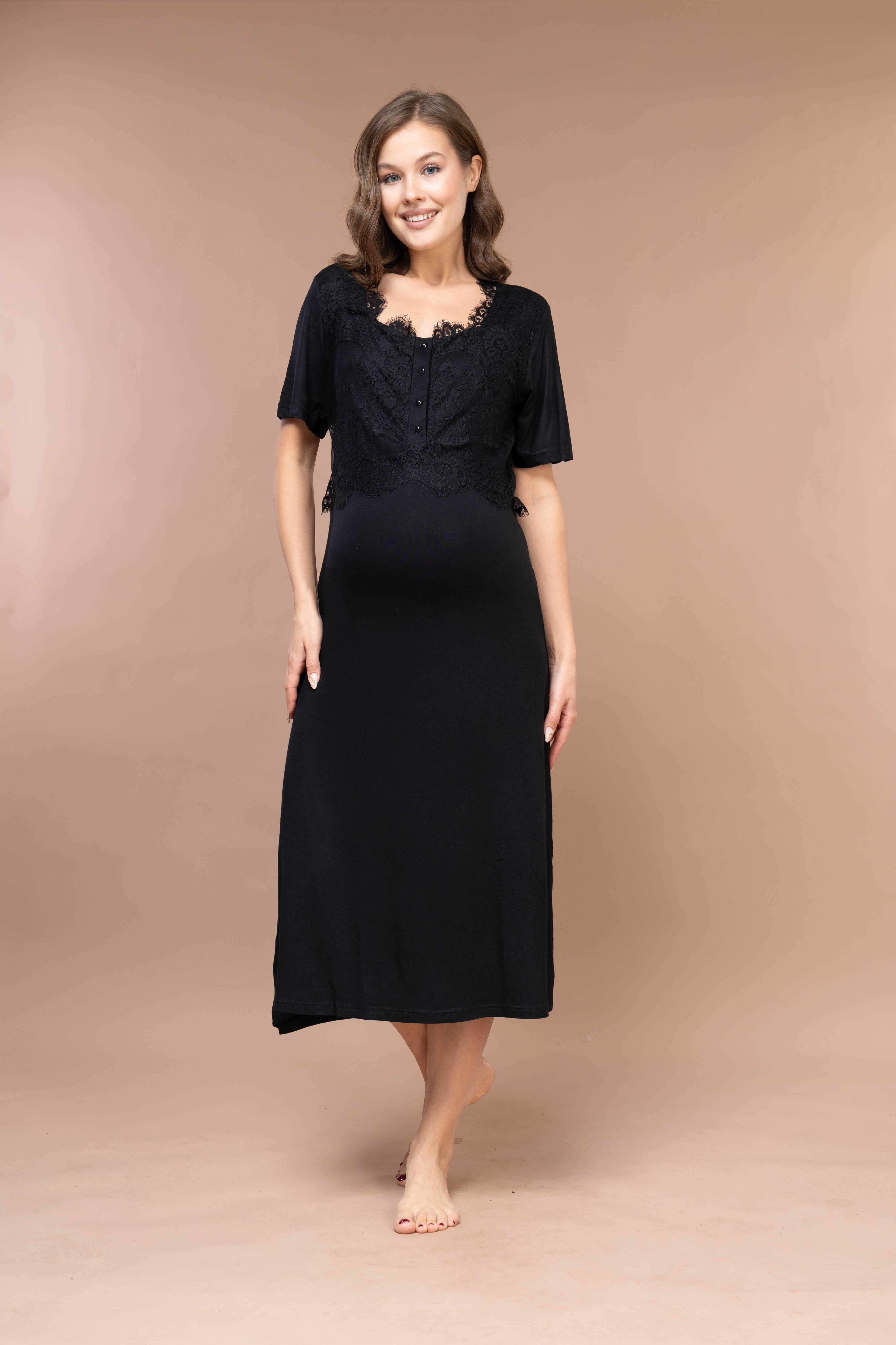 Lace-Sleeve Robe Set with Lace Maternity Nightgown 2395