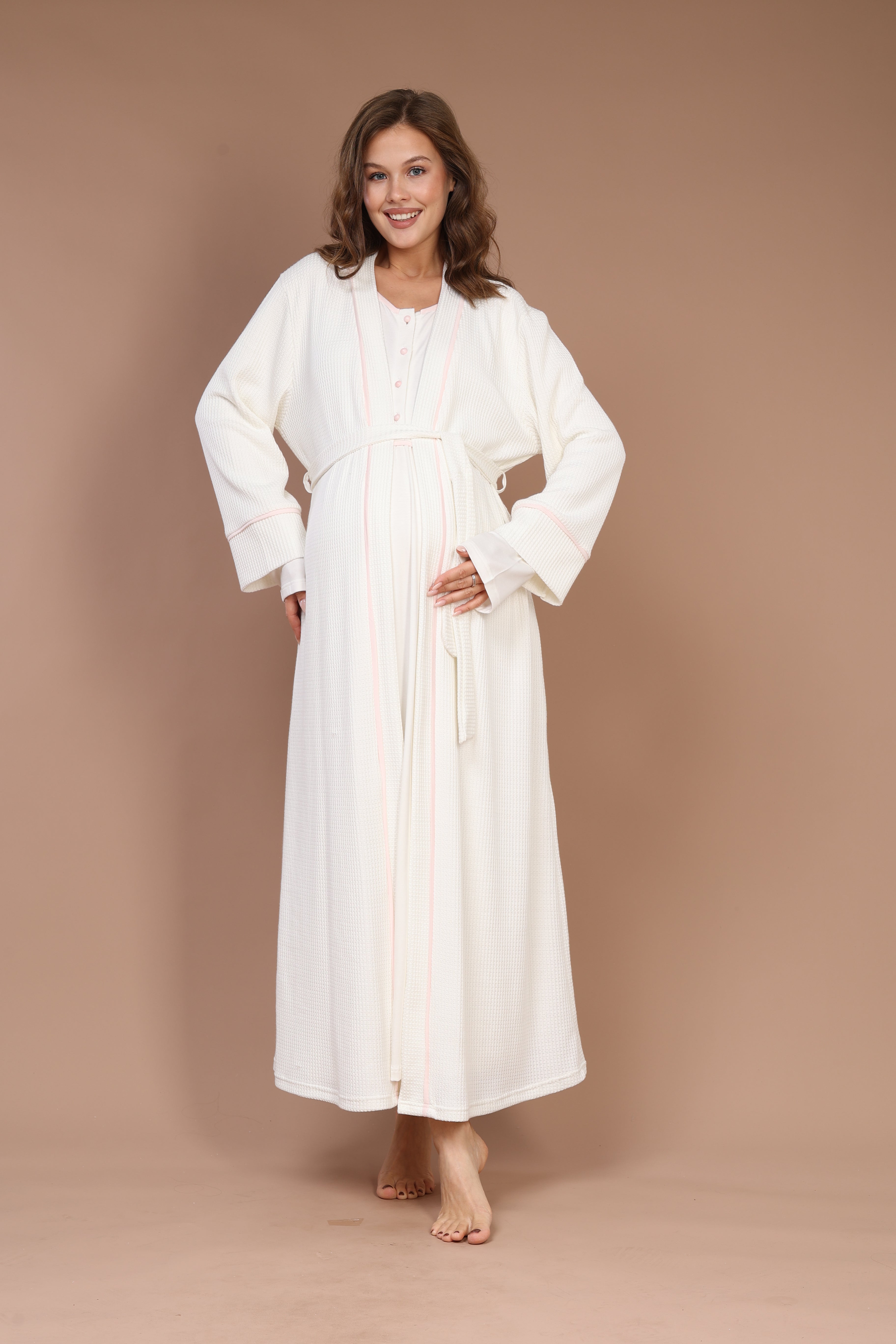 Pink-Piped Front-Button Maternity Nightgown Set 602