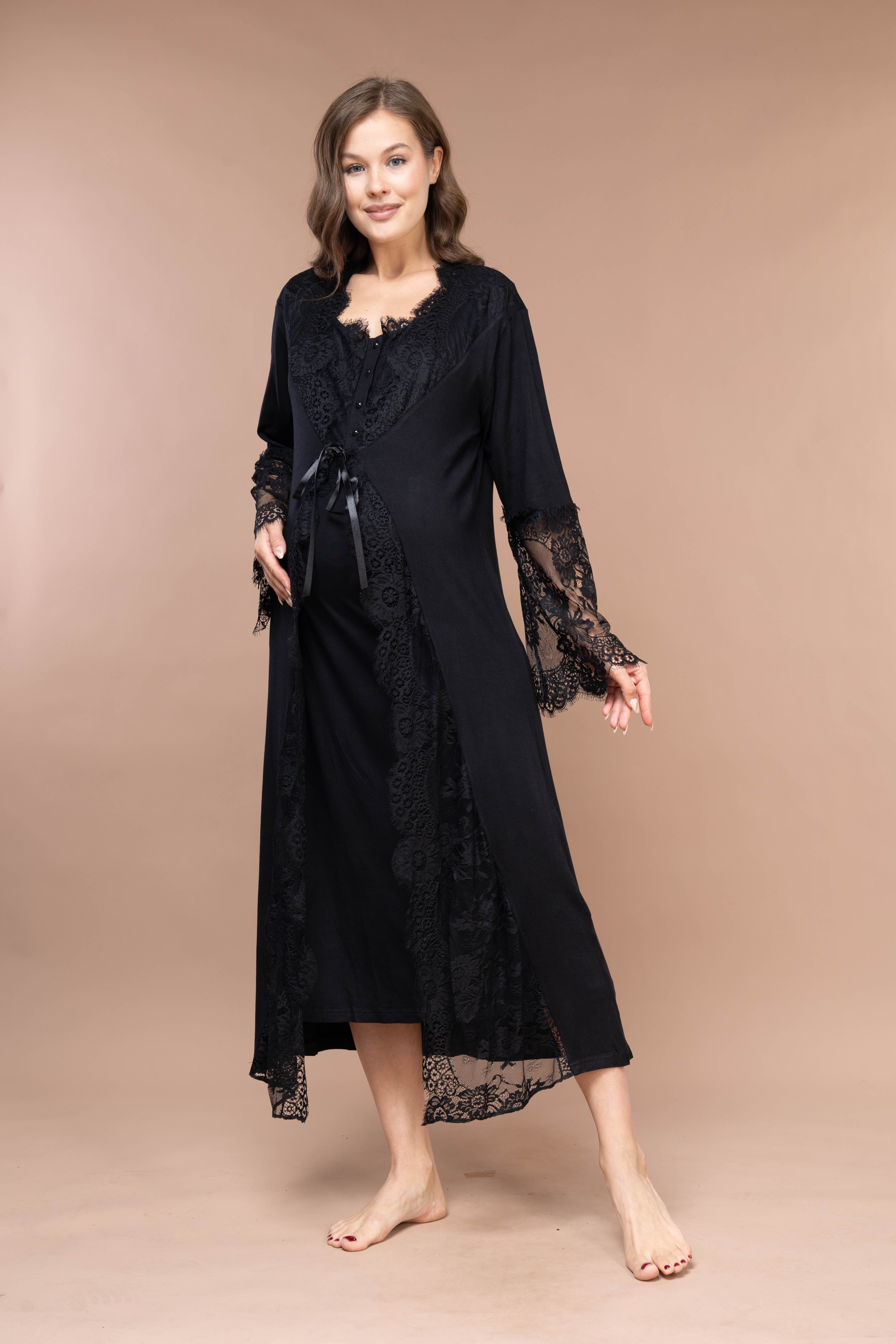 Lace-Sleeve Robe Set with Lace Maternity Nightgown 2395