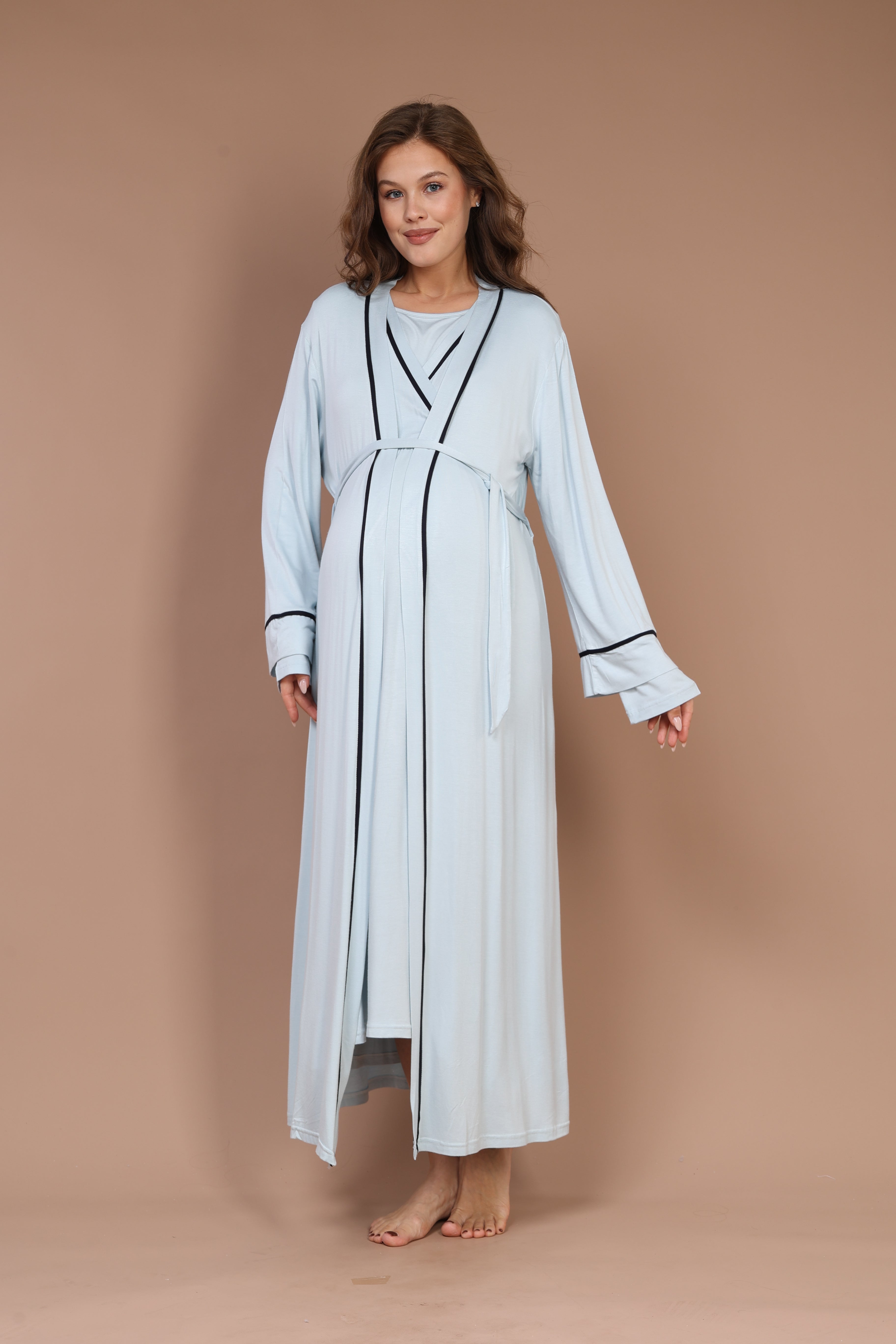 Hidden Nursing Feature Piped Robe Set with Maternity Nightgown Blue 544