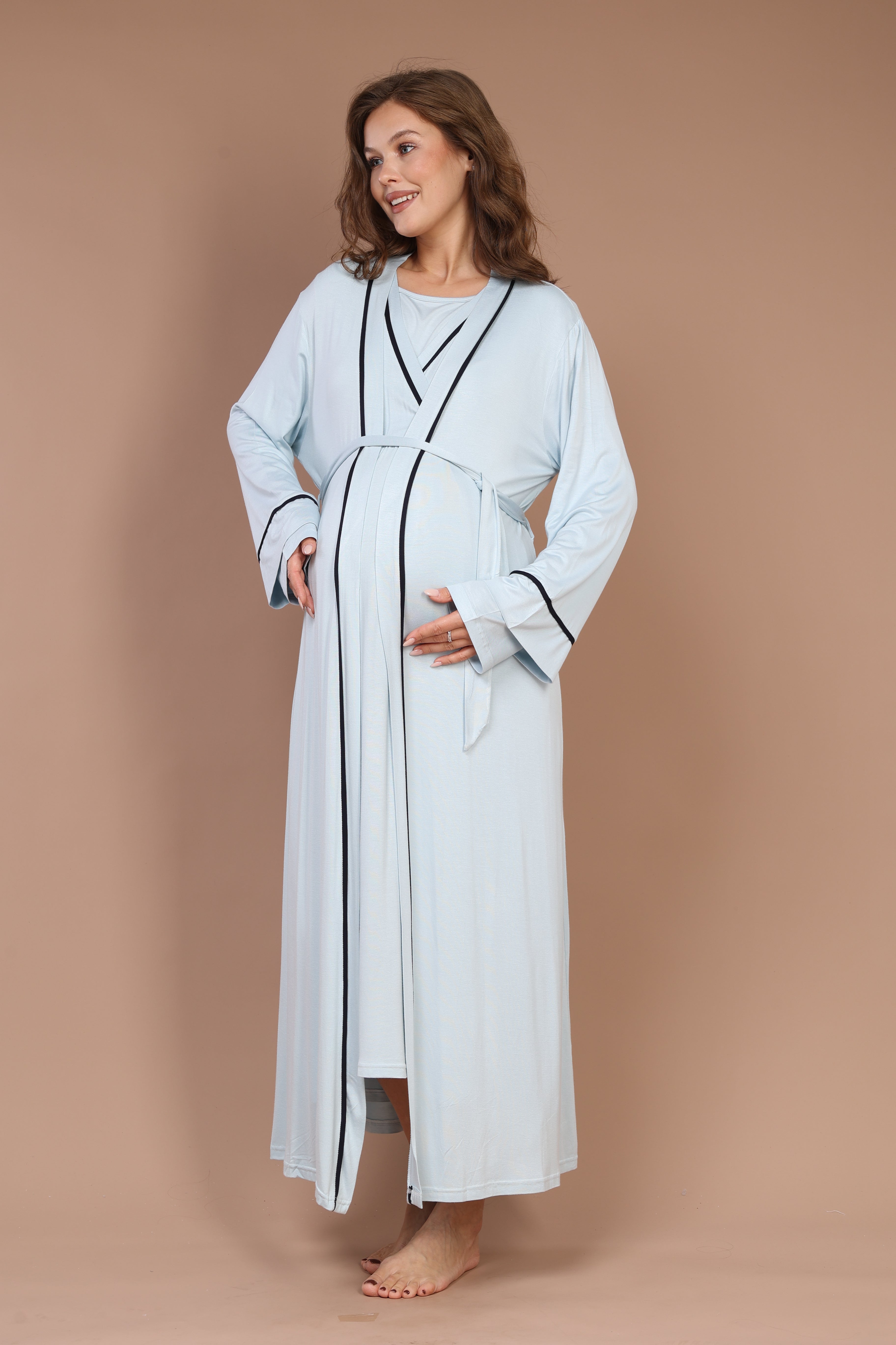 Hidden Nursing Feature Piped Robe Set with Maternity Nightgown Blue 544