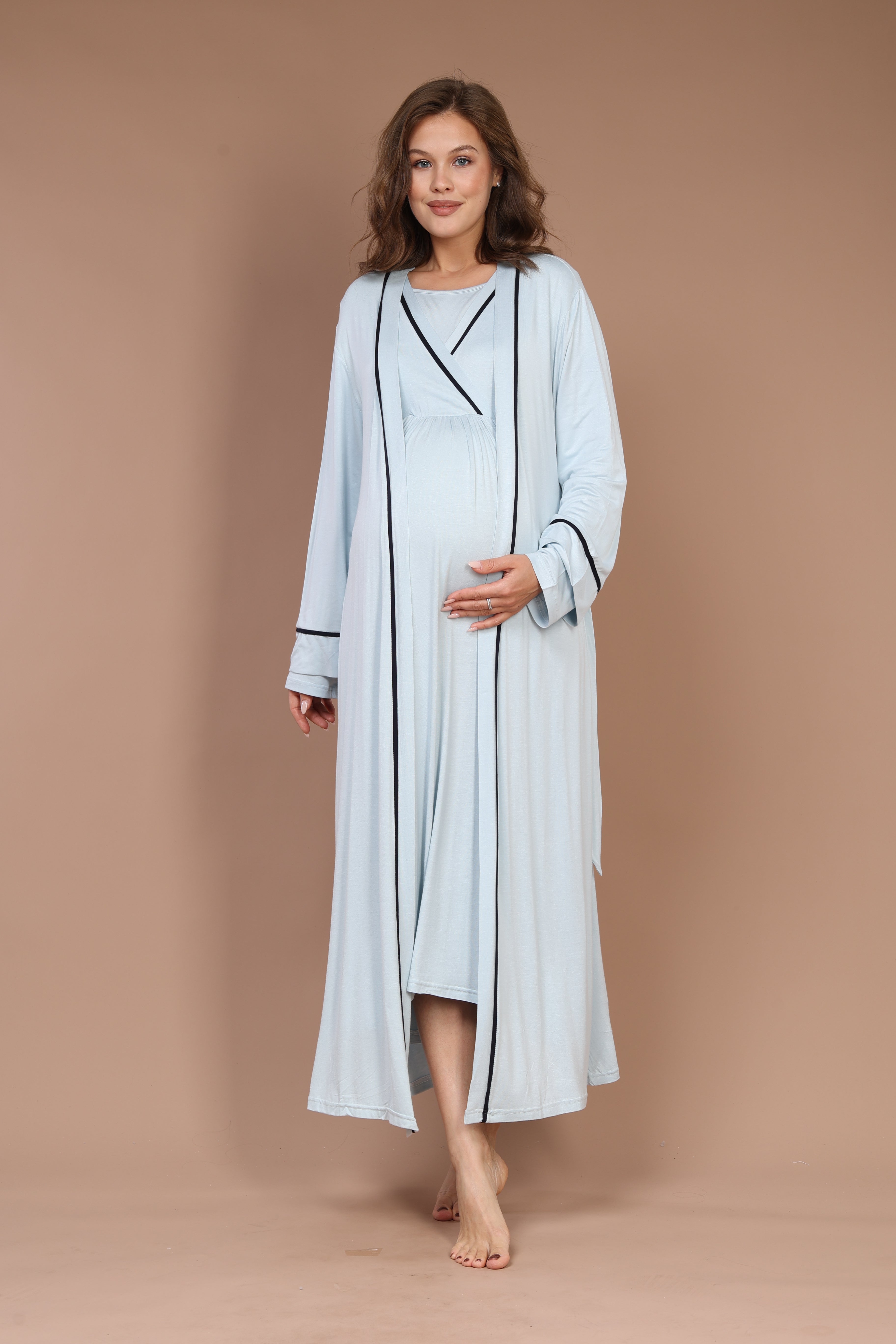 Hidden Nursing Feature Piped Robe Set with Maternity Nightgown Blue 544