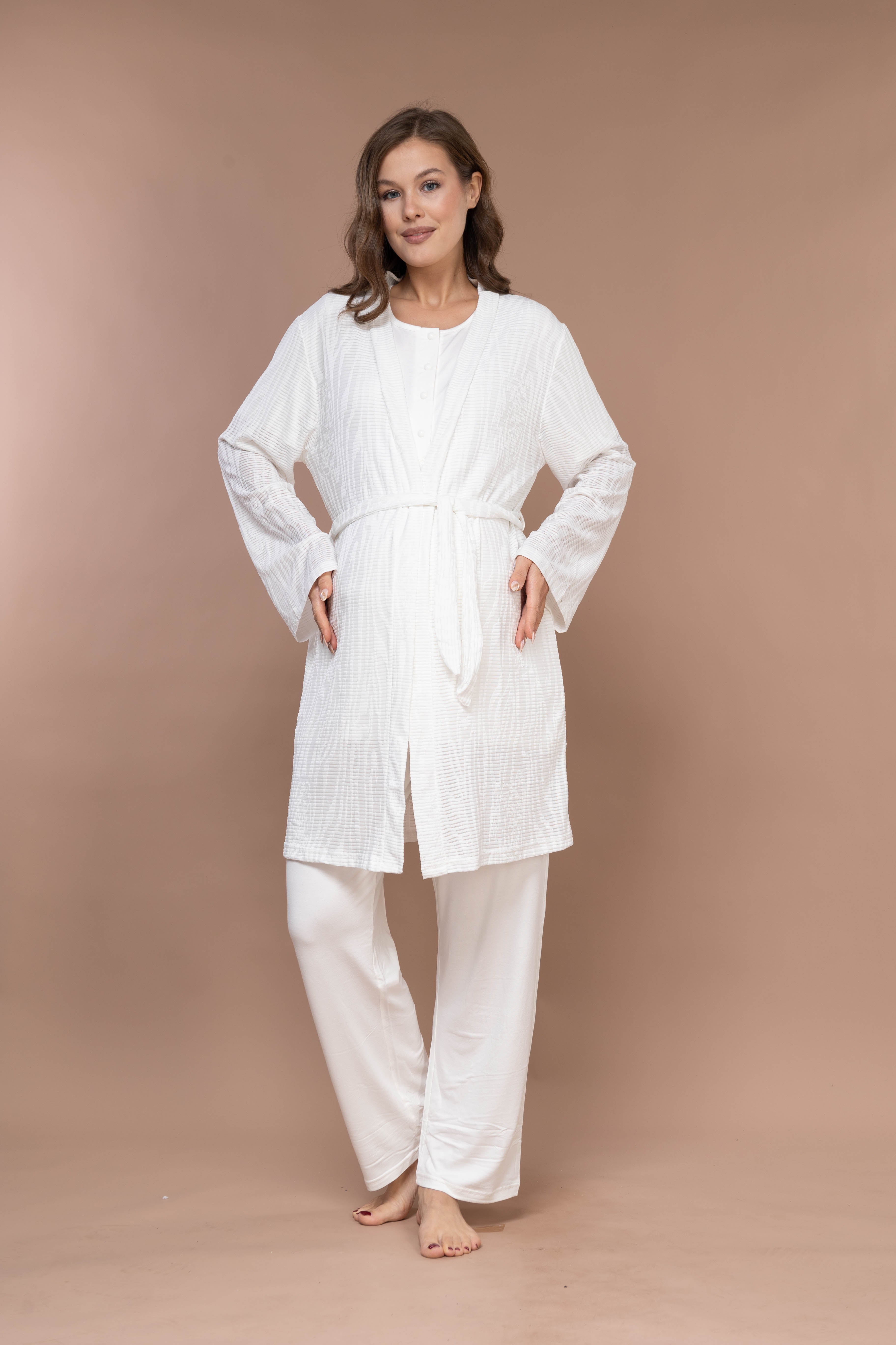 Striped Robe Set with Front-Button Maternity Pajama 2372