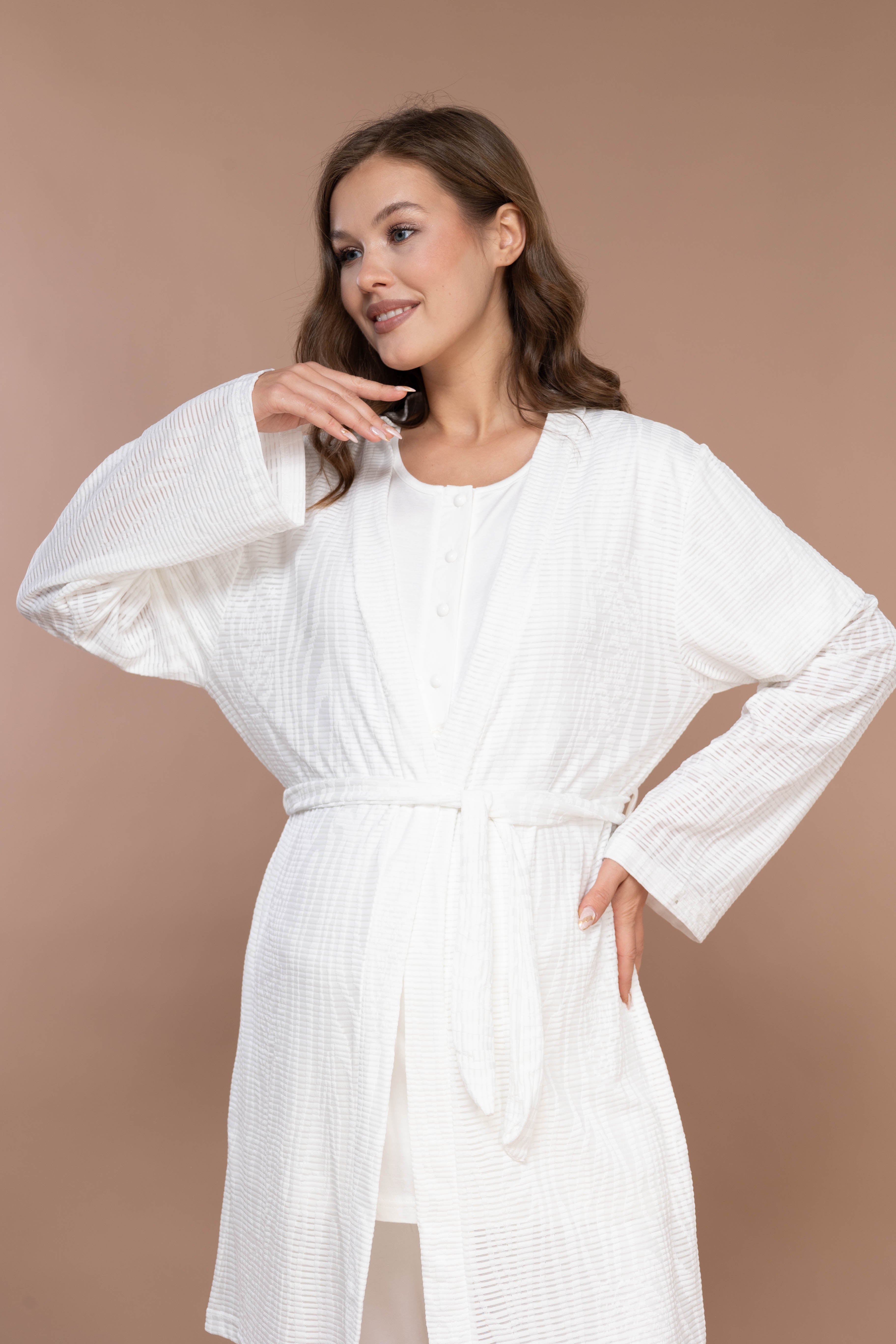 Striped Robe Set with Front-Button Maternity Pajama 2372