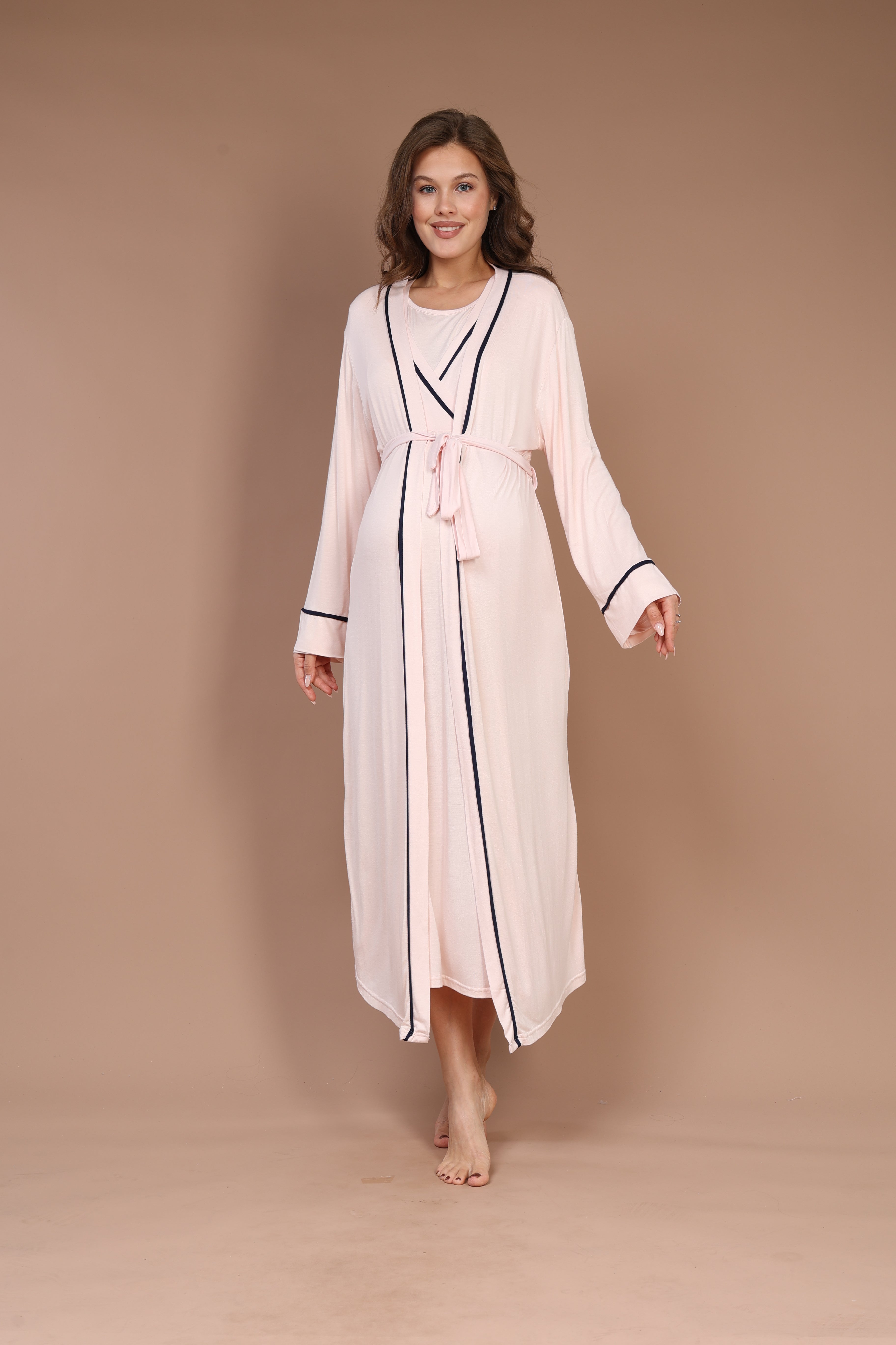 Hidden Nursing Feature Piped Robe Set with Maternity Nightgown 543