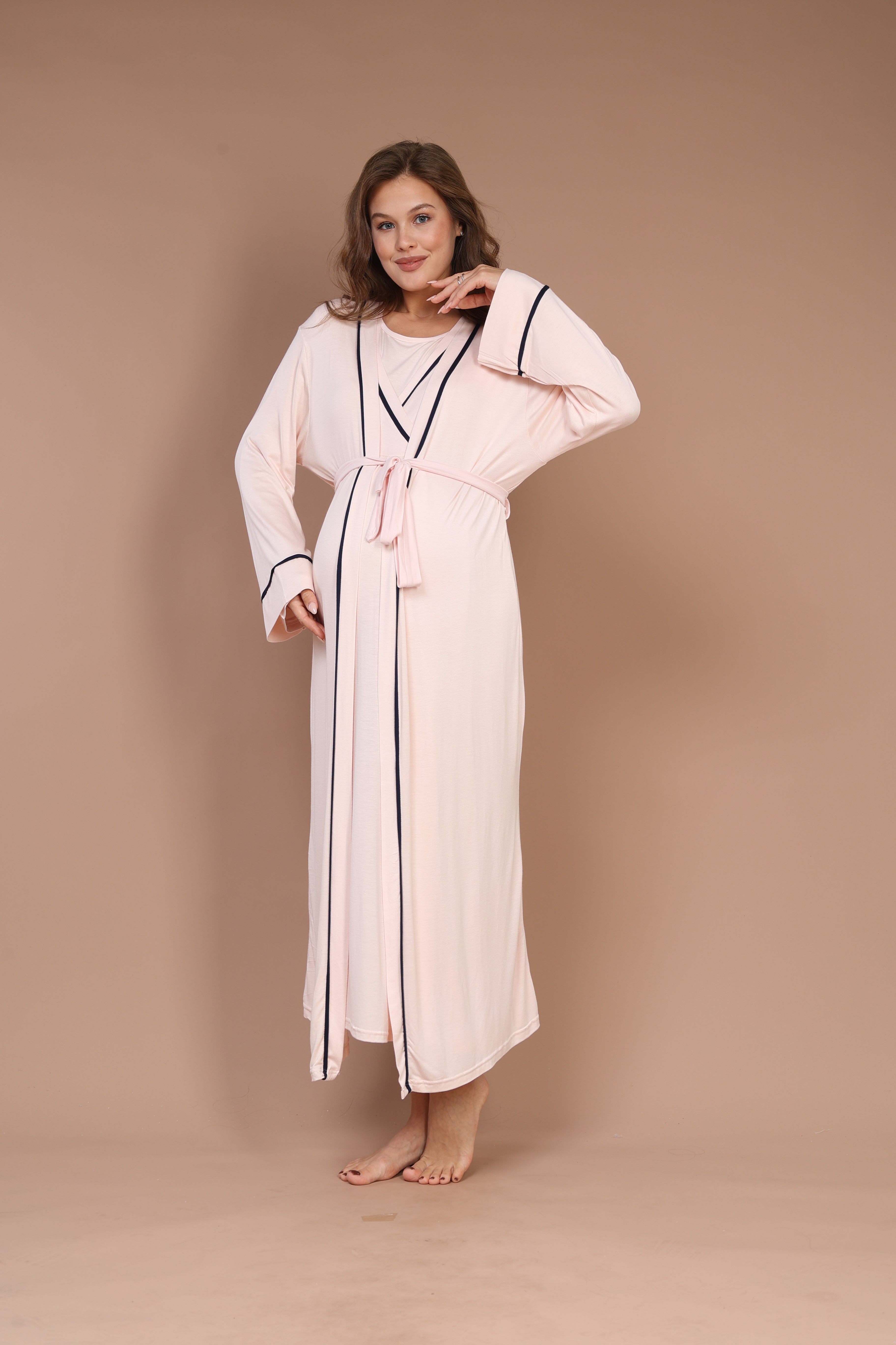 Hidden Nursing Feature Piped Robe Set with Maternity Nightgown 543