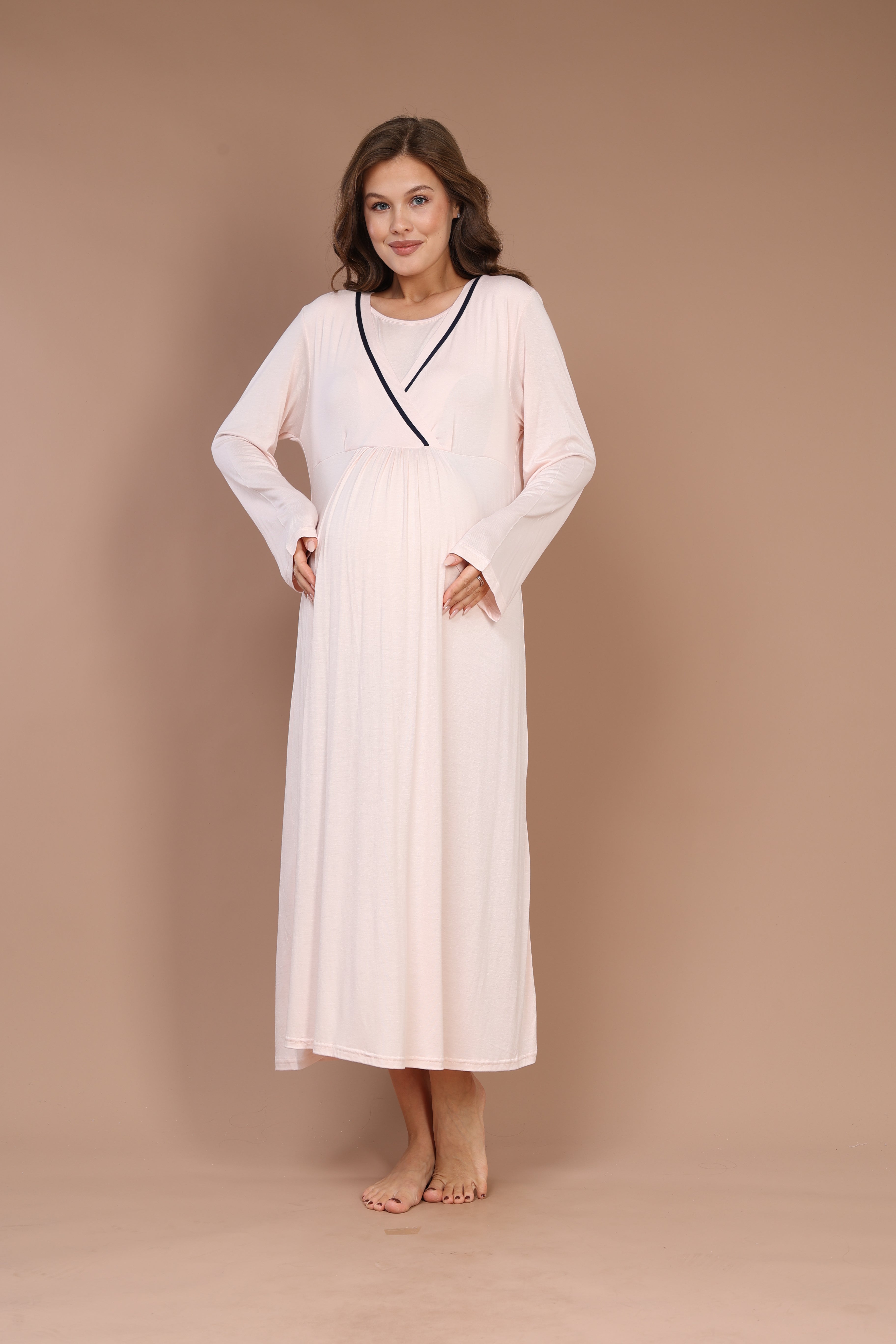 Hidden Nursing Feature Piped Robe Set with Maternity Nightgown 543