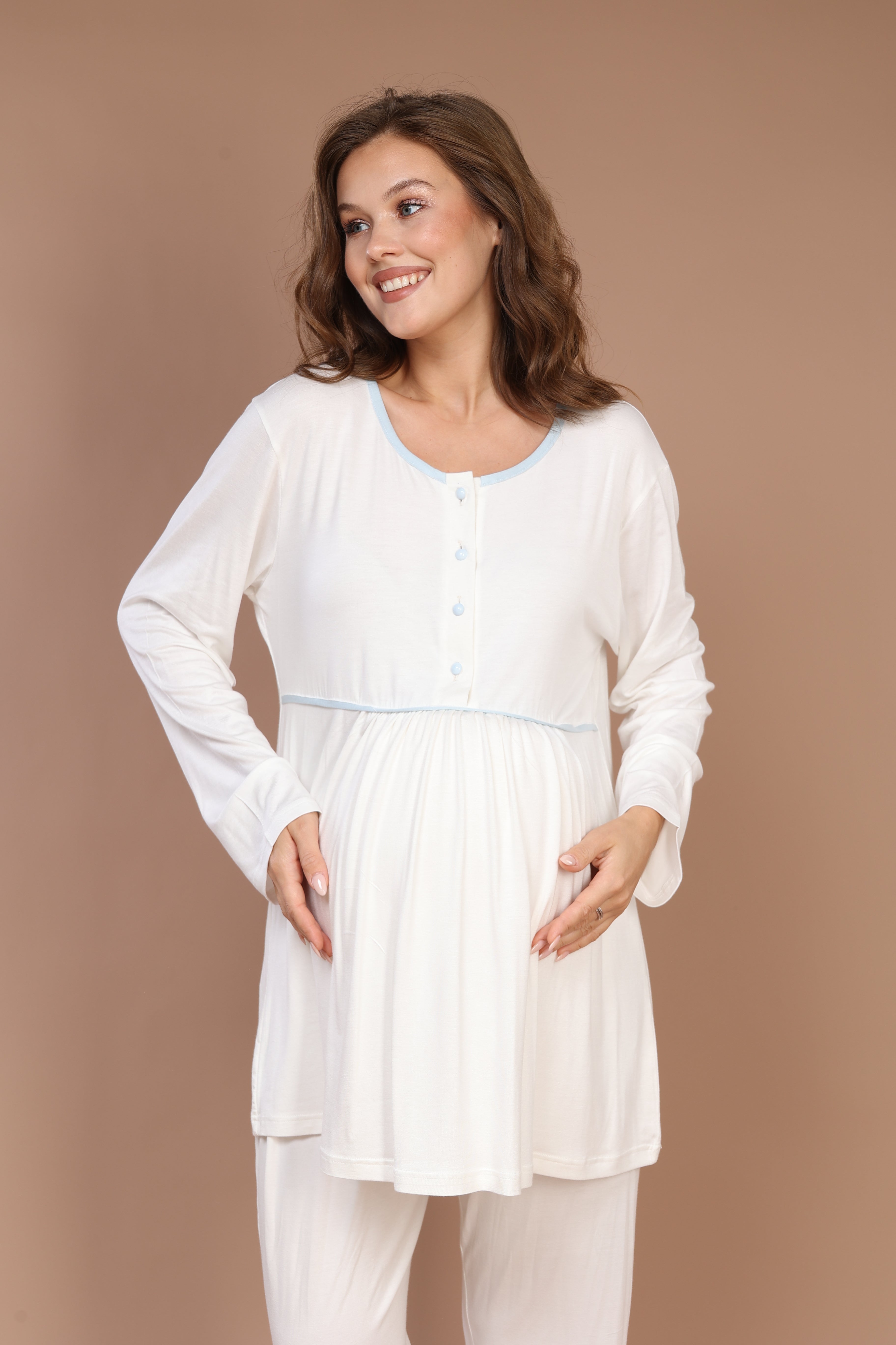 Blue-Piped Front-Button Maternity Nightgown Set 611