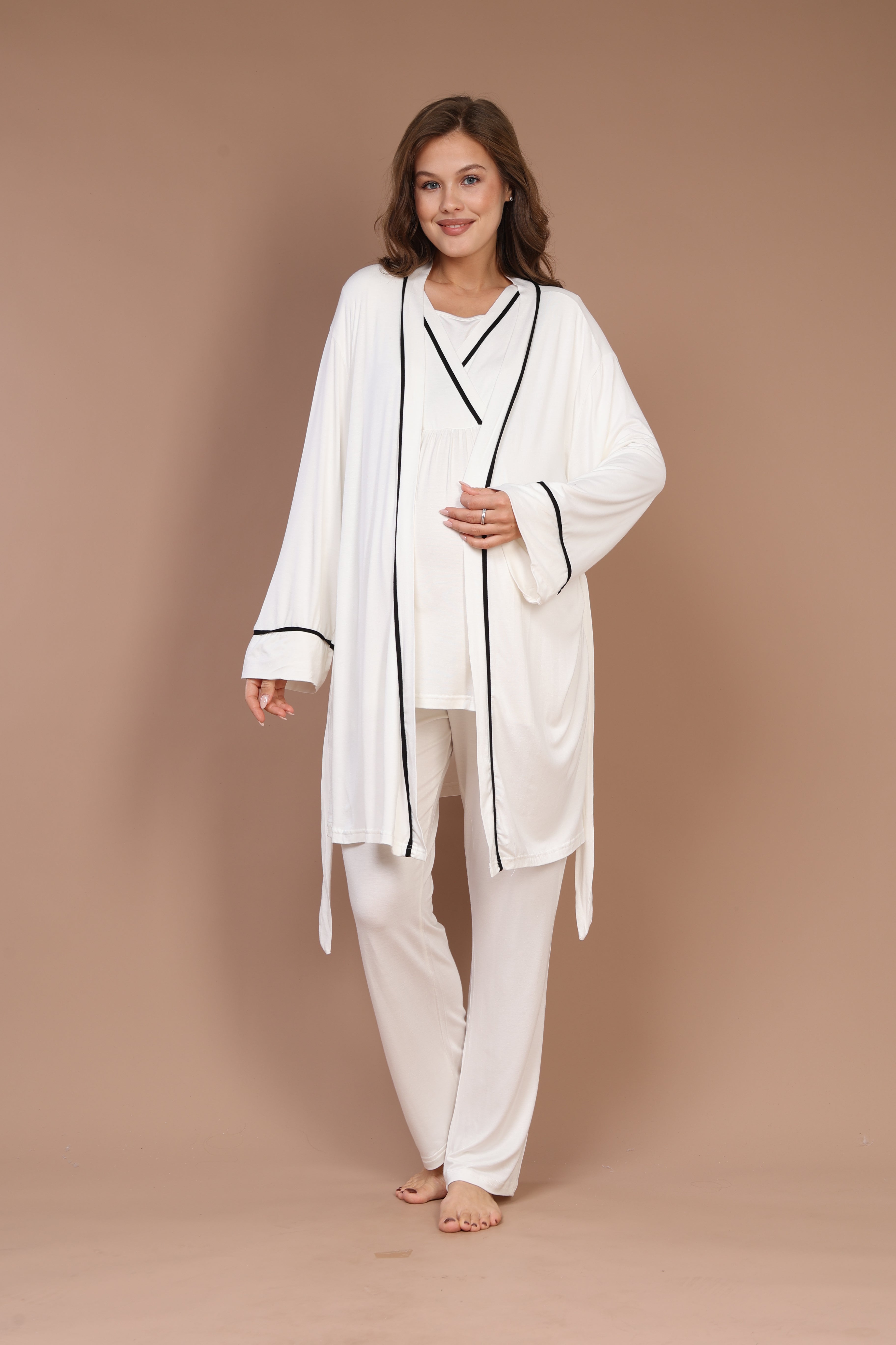 Piped Robe Set with Hidden Nursing Feature Maternity Pajama - 545