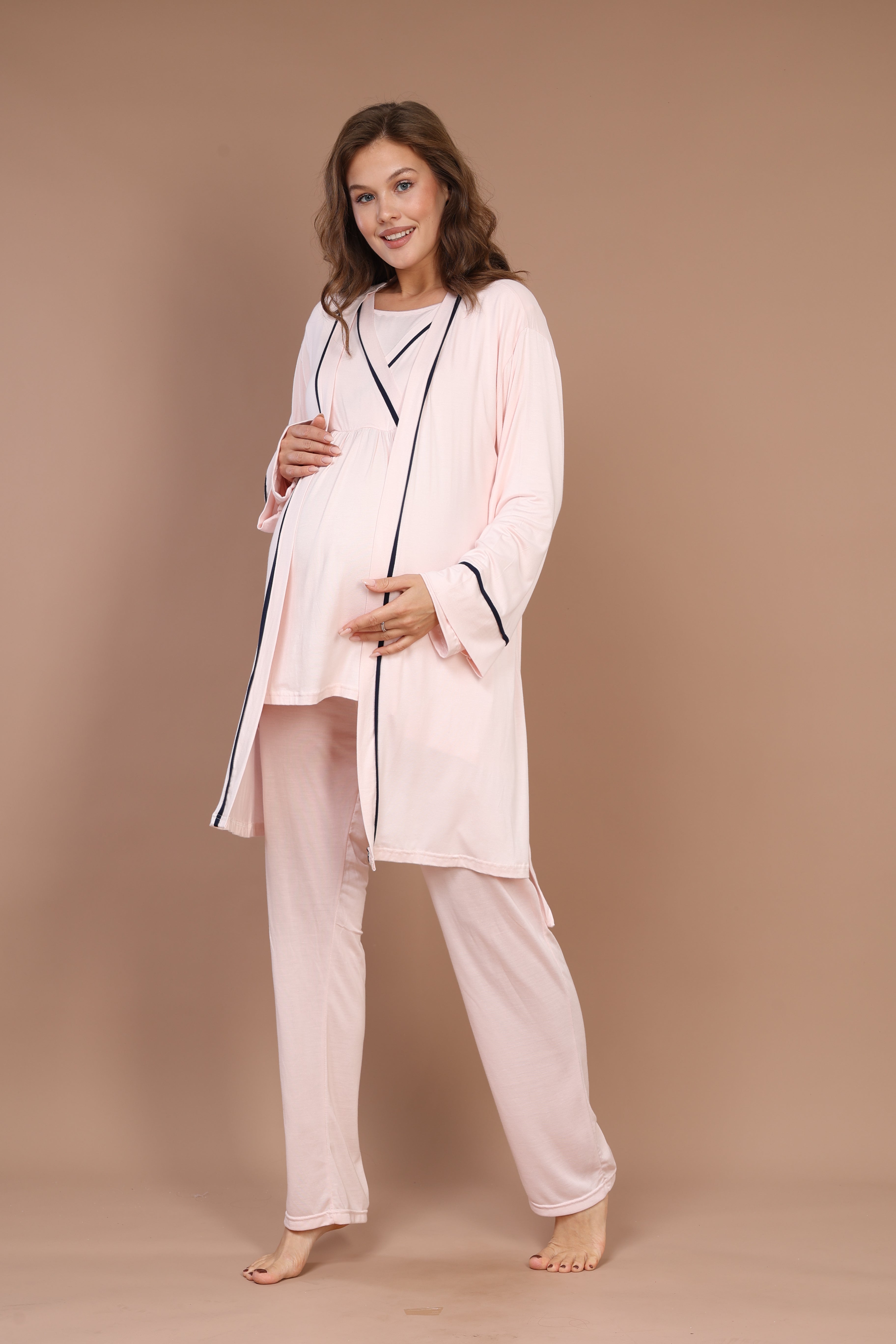 Piped Robe Set with Hidden Nursing Feature Maternity Pajama - 546