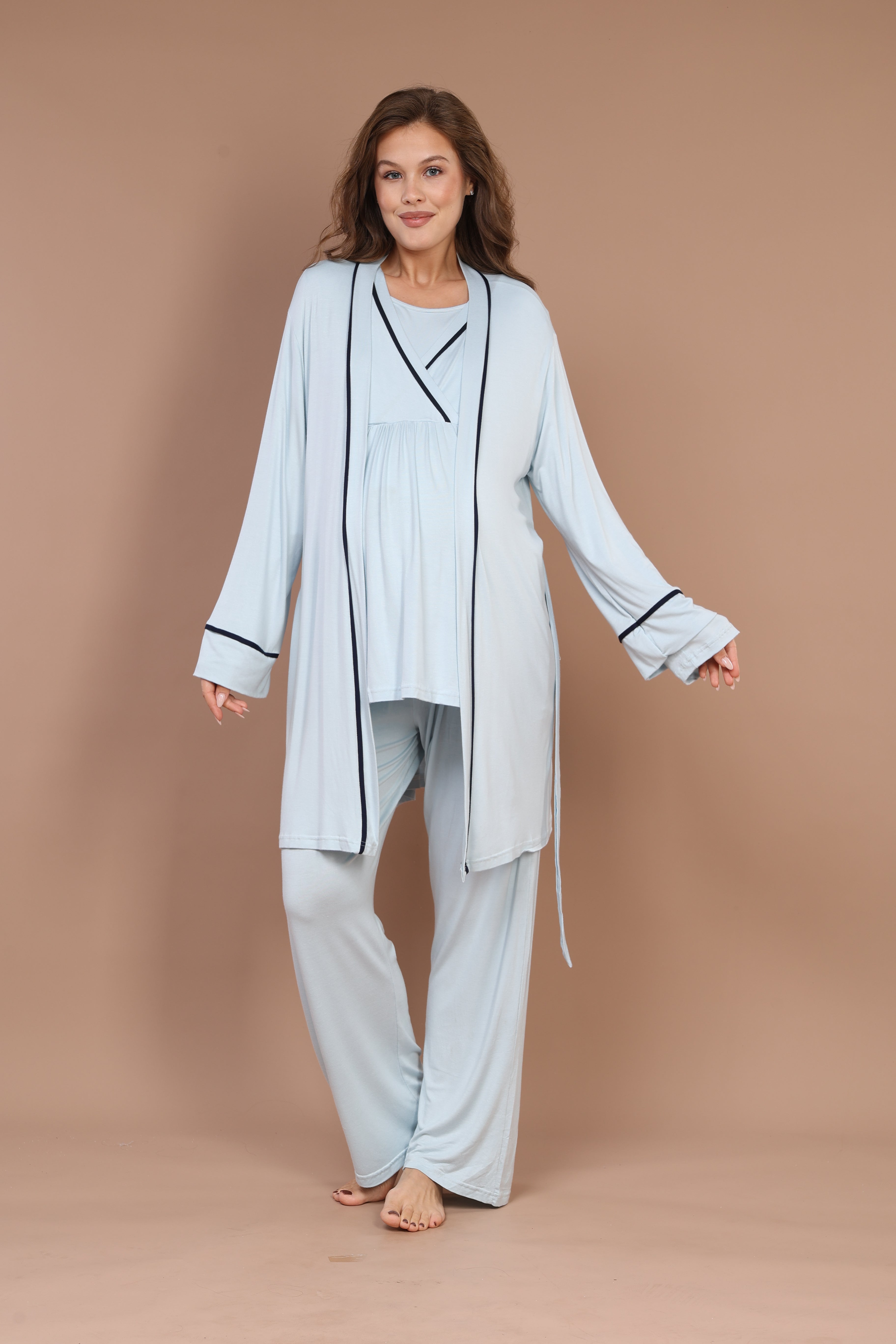 Piped Robe Set with Hidden Nursing Feature Maternity Pajama - 547