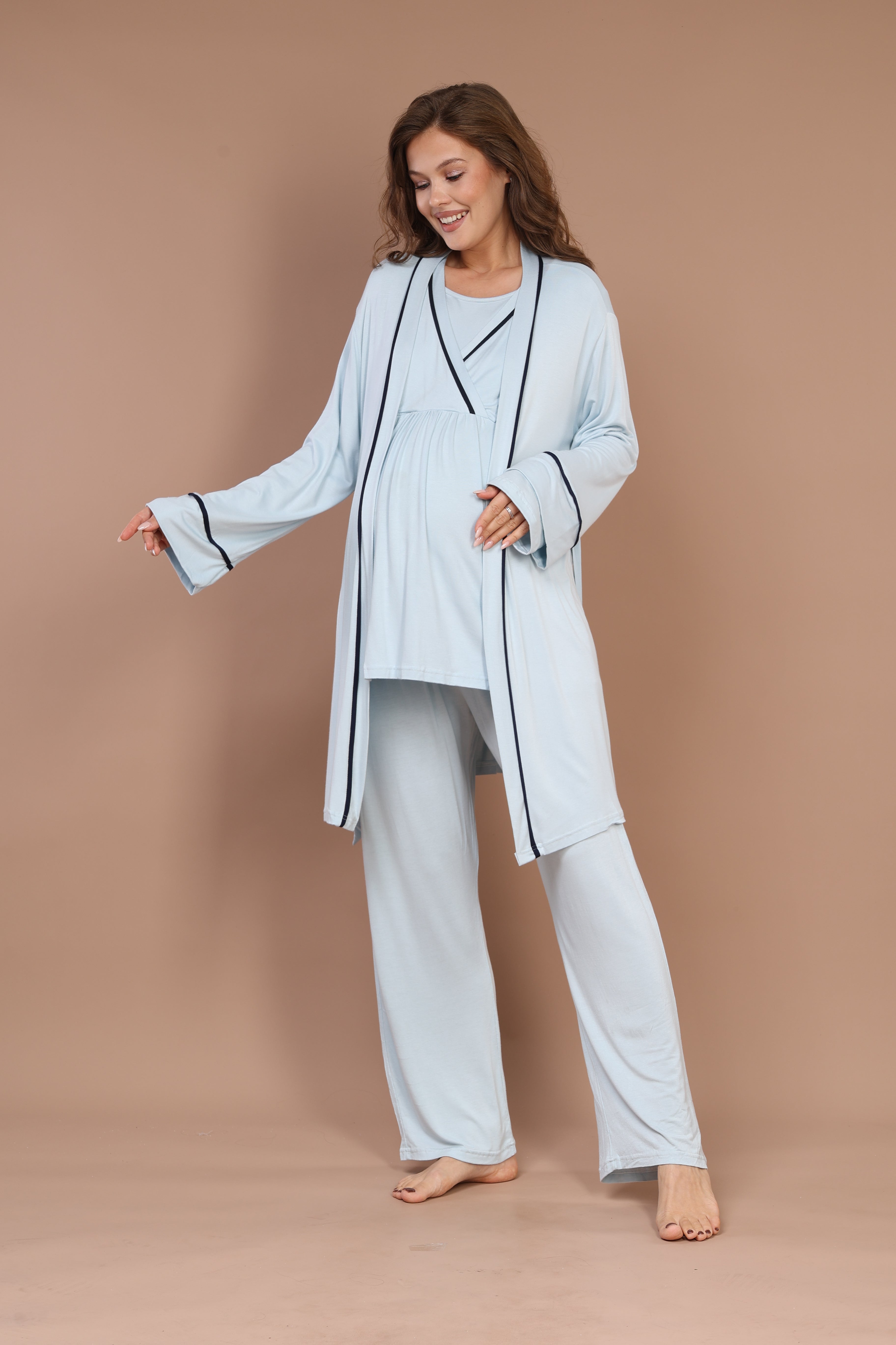 Piped Robe Set with Hidden Nursing Feature Maternity Pajama - 547