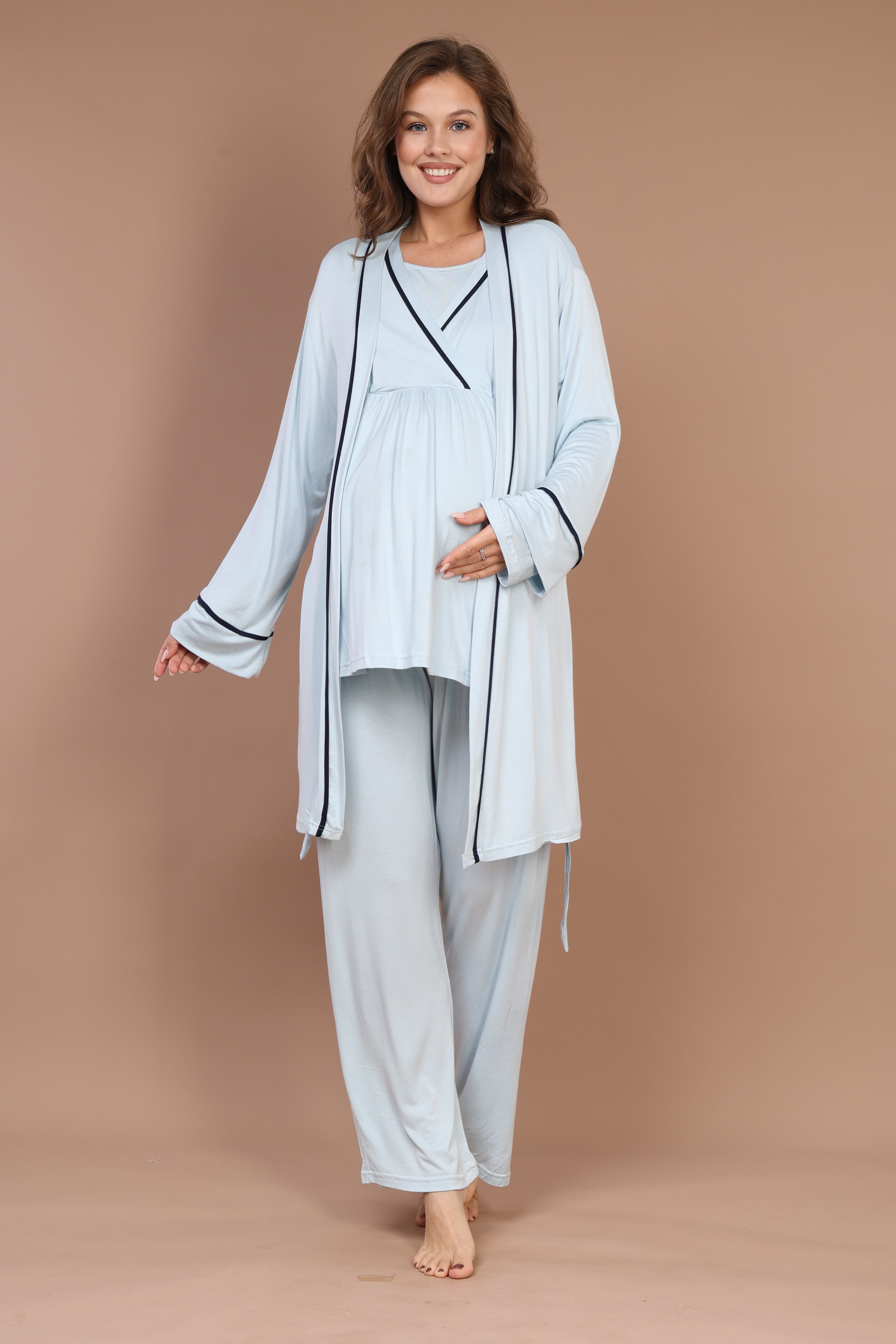 Piped Robe Set with Hidden Nursing Feature Maternity Pajama - 547