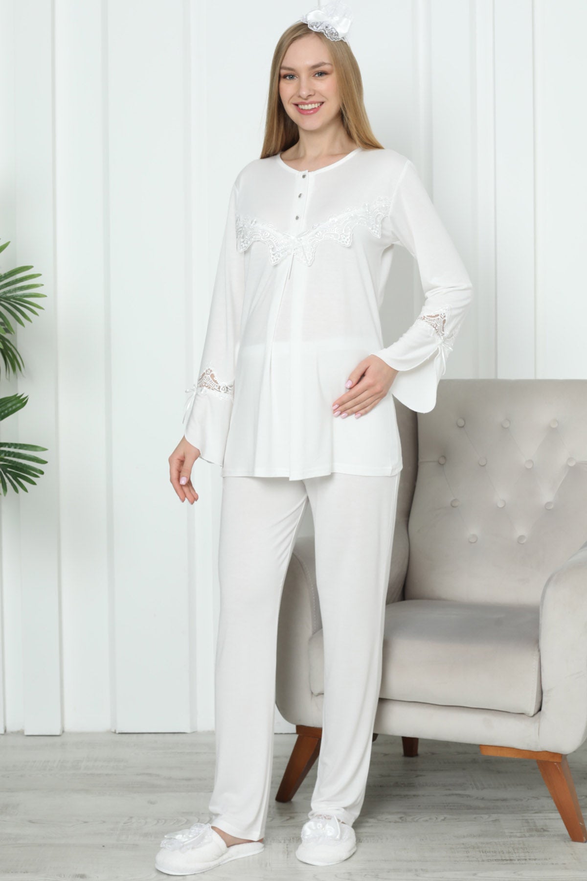 Shopymommy 1170 Lace Sleeve Maternity & Nursing Pajamas Ecru