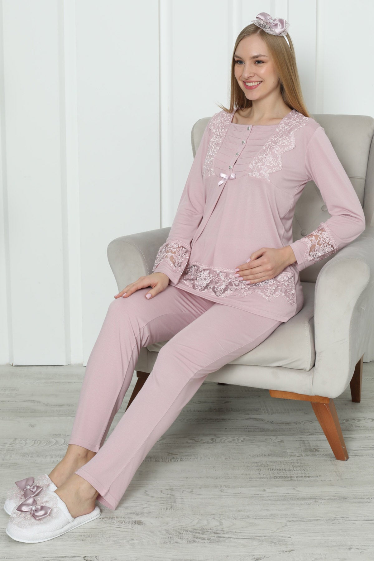 Shopymommy 1171 Lace Detailed Maternity & Nursing Pajamas Dried Rose