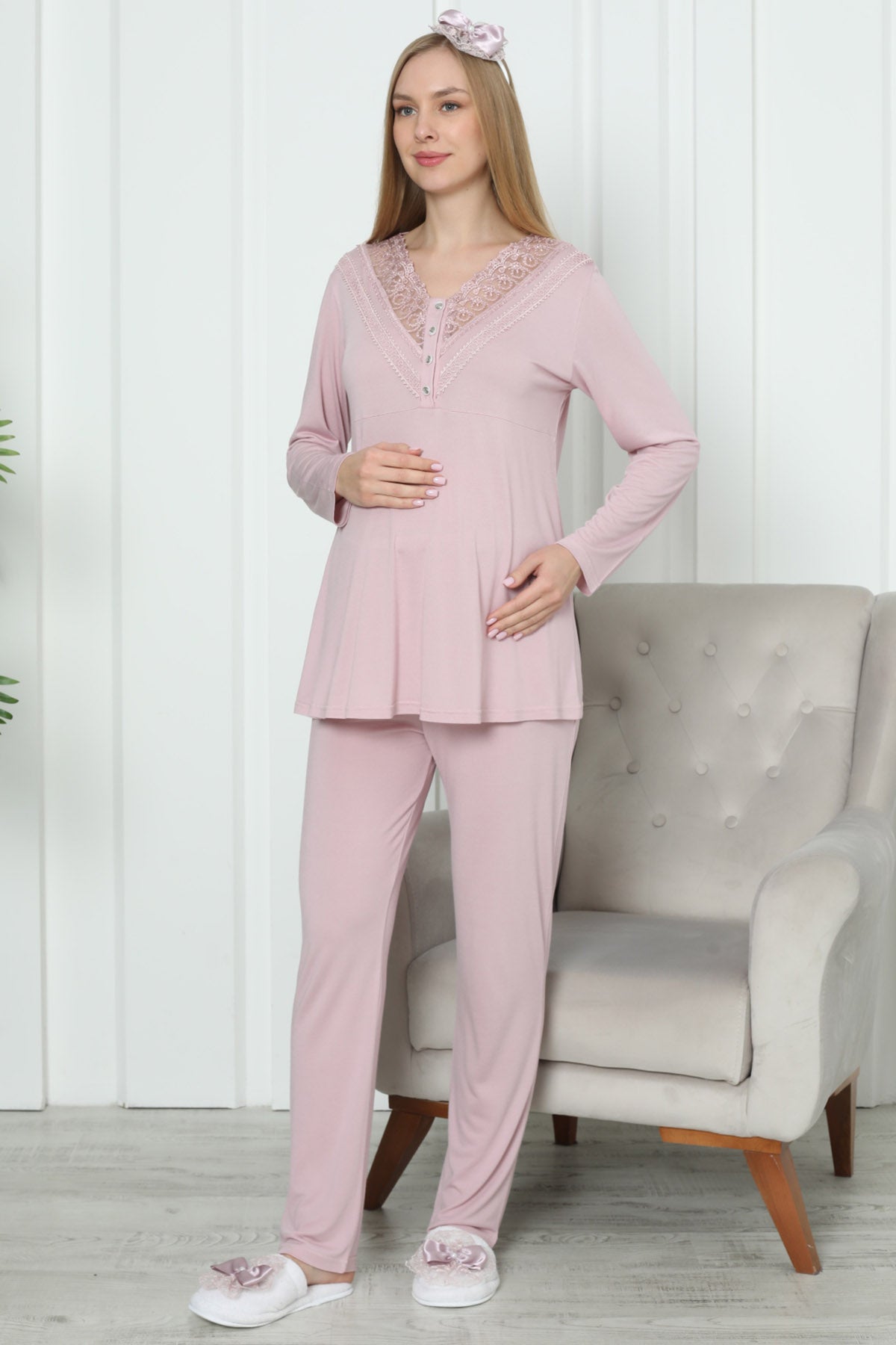 Shopymommy 1169 Lace Collar Maternity & Nursing Pajamas Dried Rose