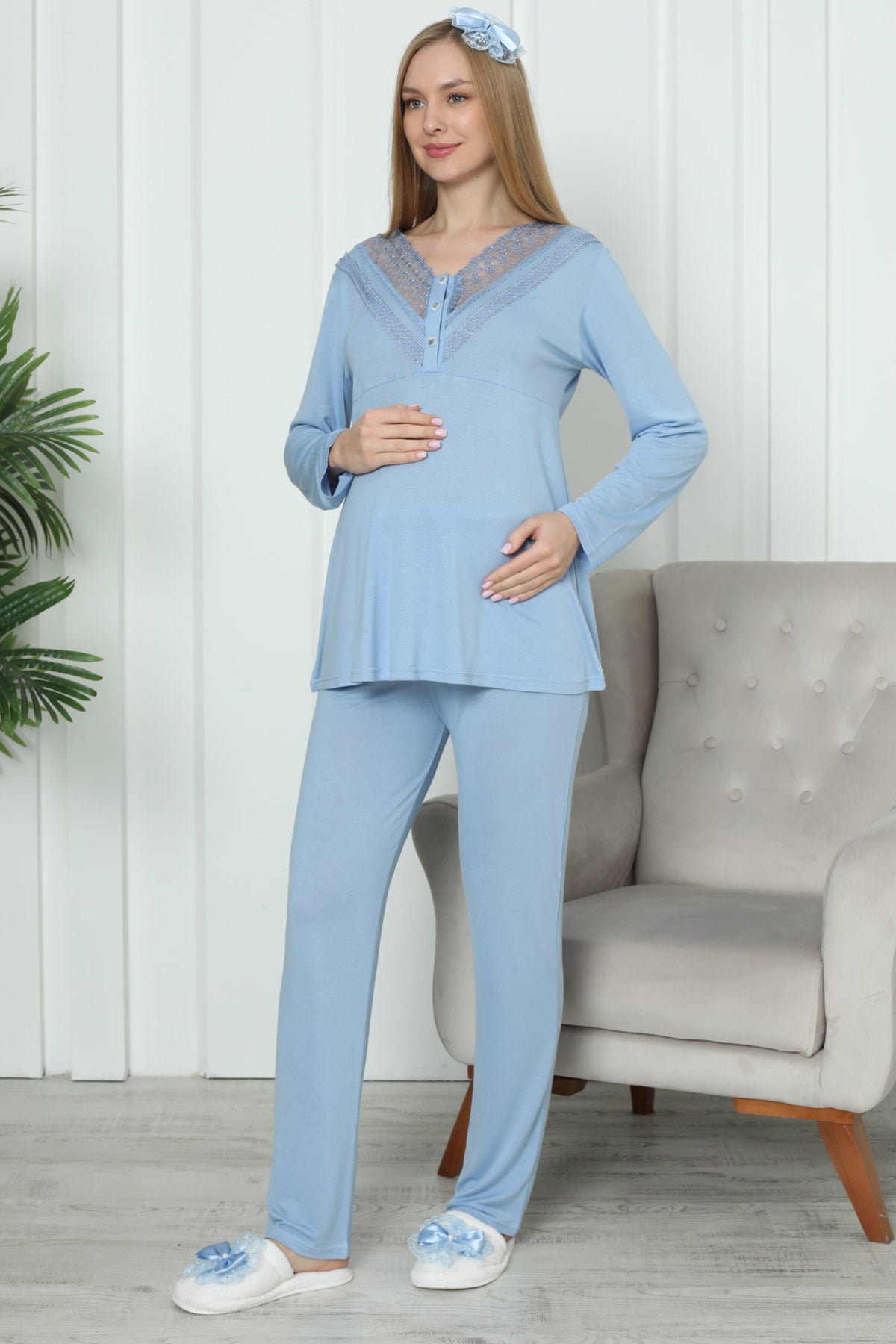 Shopymommy 1169 Lace Collar Maternity & Nursing Pajamas Blue