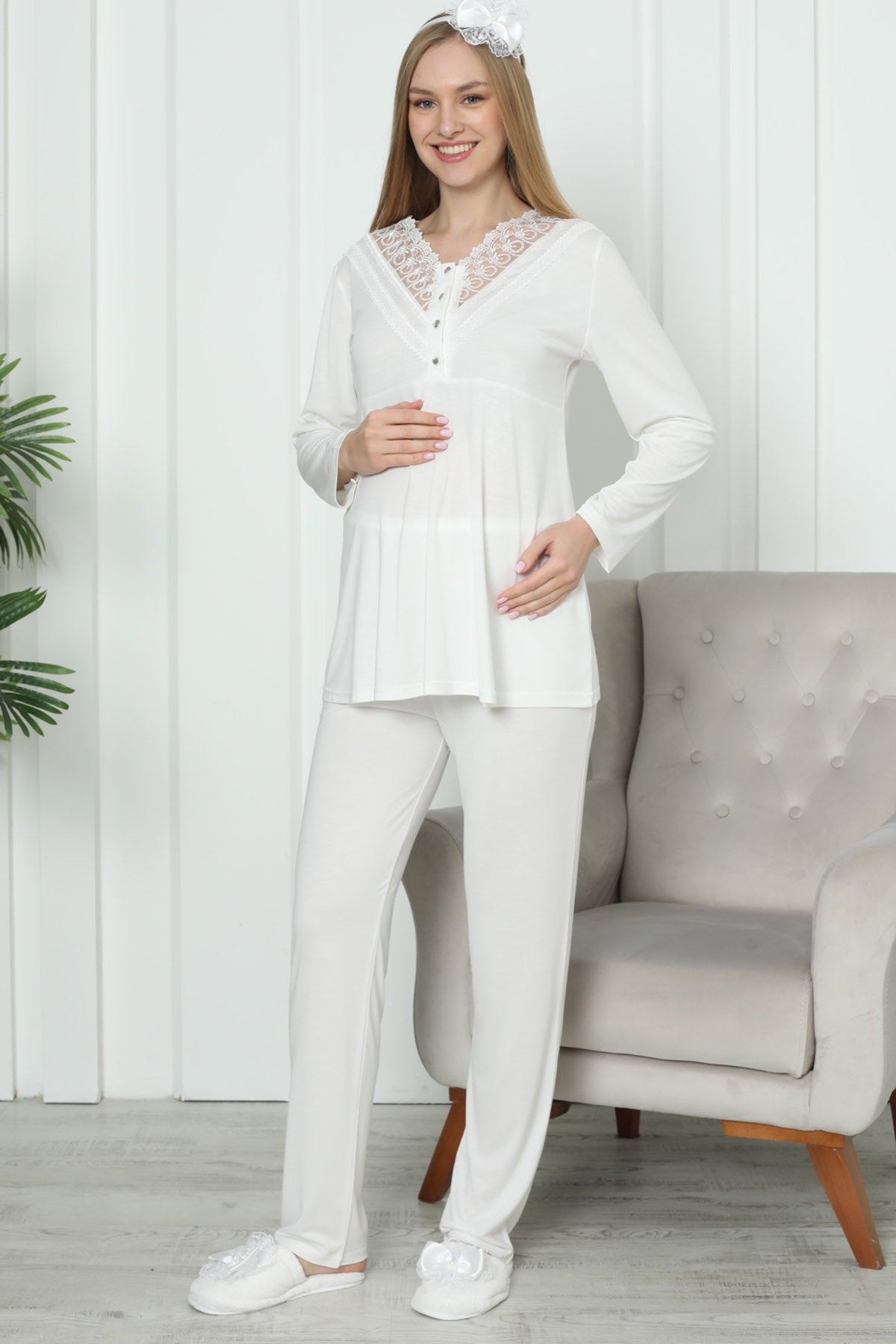 Shopymommy 1169 Lace Collar Maternity & Nursing Pajamas Ecru