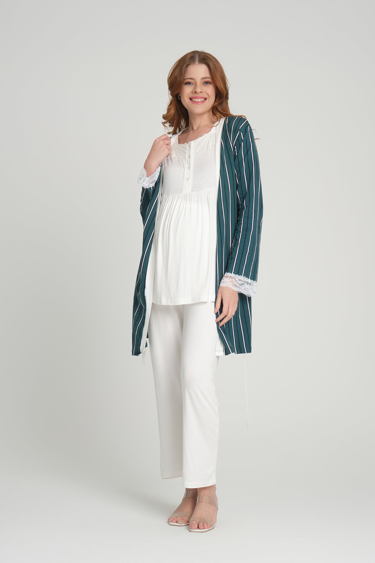 Shopymommy 2356 3-Pieces Maternity & Nursing Pajamas With Striped Robe Ecru
