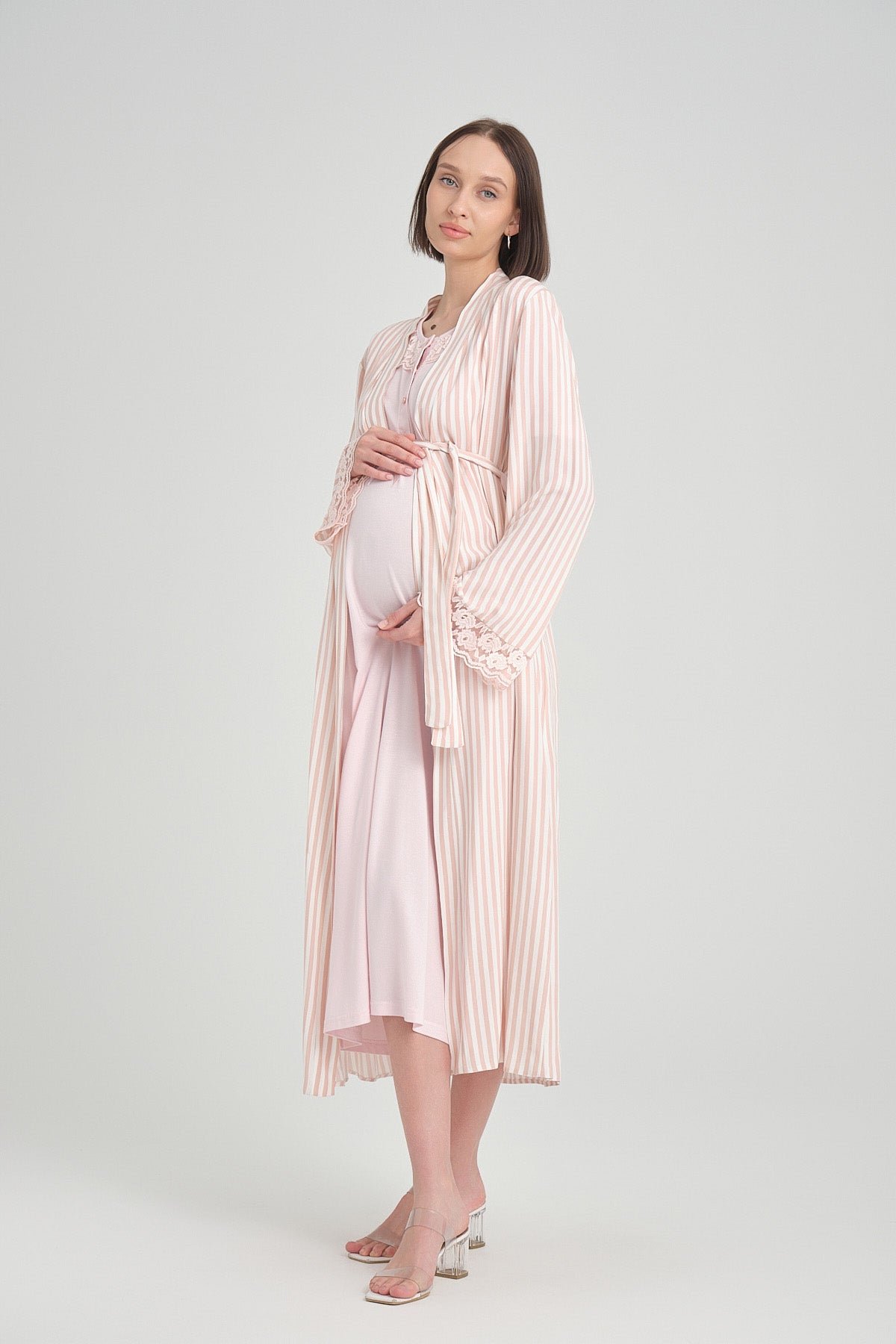 Shopymommy 2386 Lace Collar Maternity & Nursing Nightgown With Stripe Robe Pink