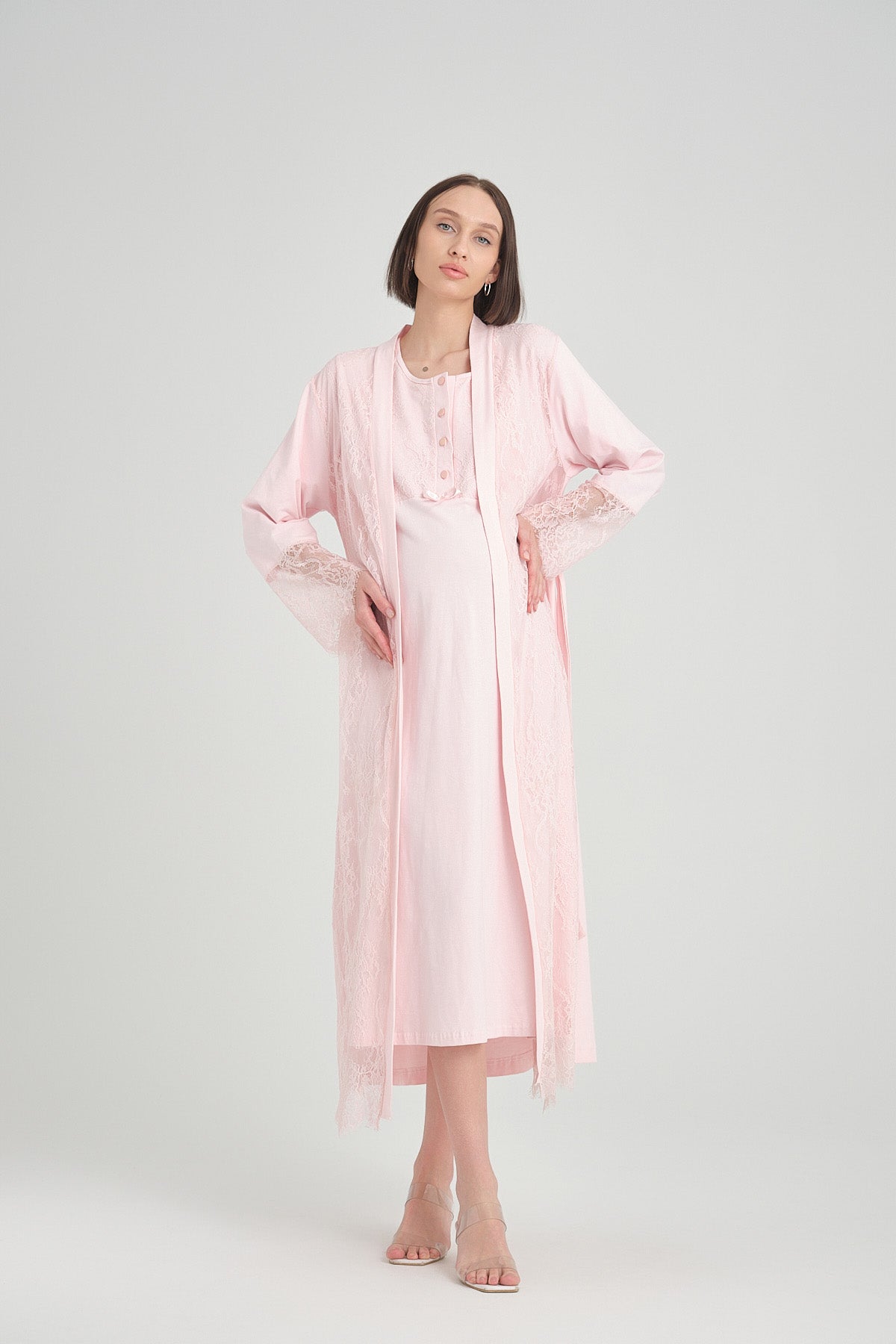 Shopymommy 2397 Lace Detailed Maternity & Nursing Nightgown With Robe Pink