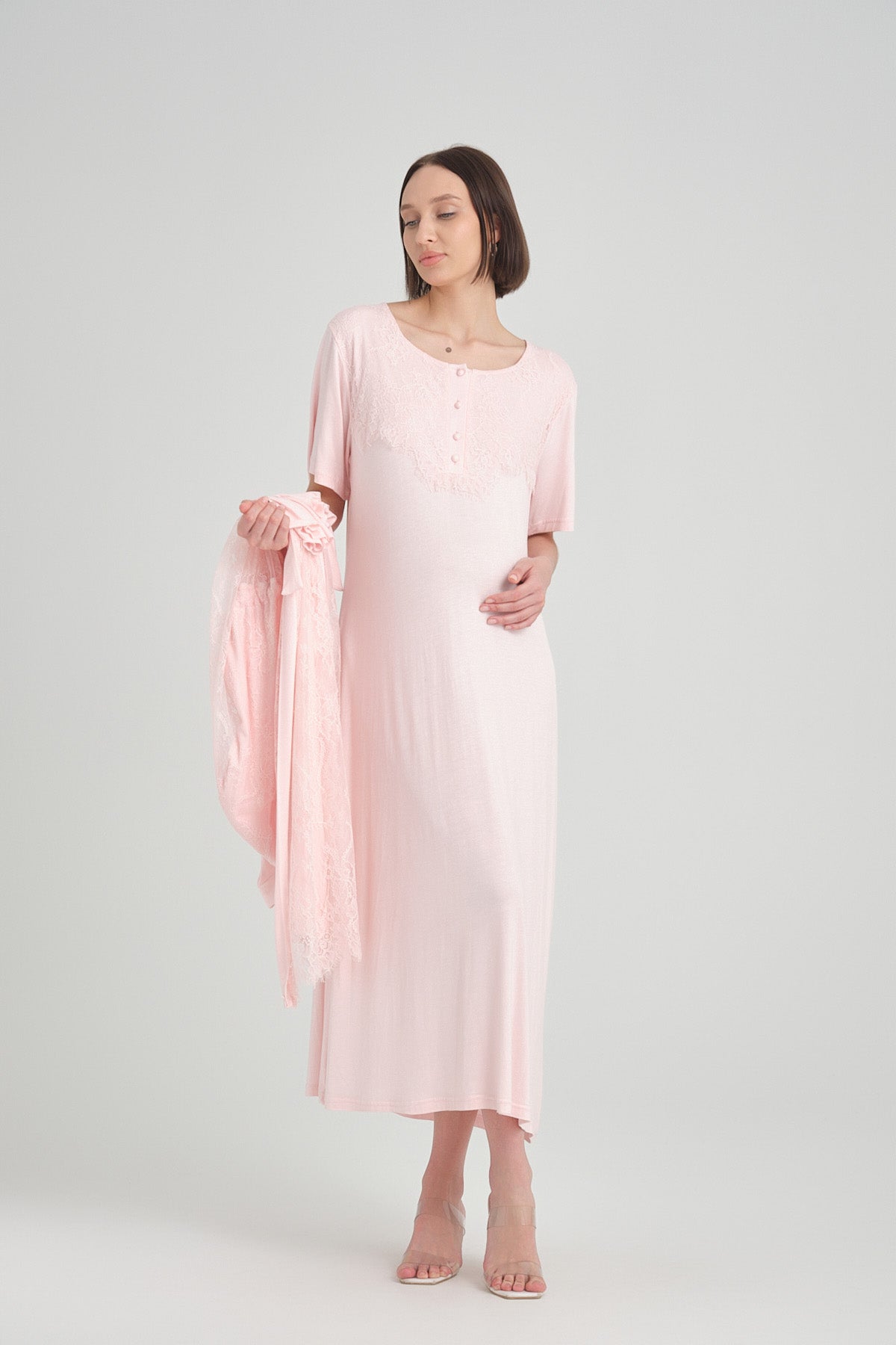 Shopymommy 2402 Lace Maternity & Nursing Nightgown With Embroidered Robe Pink