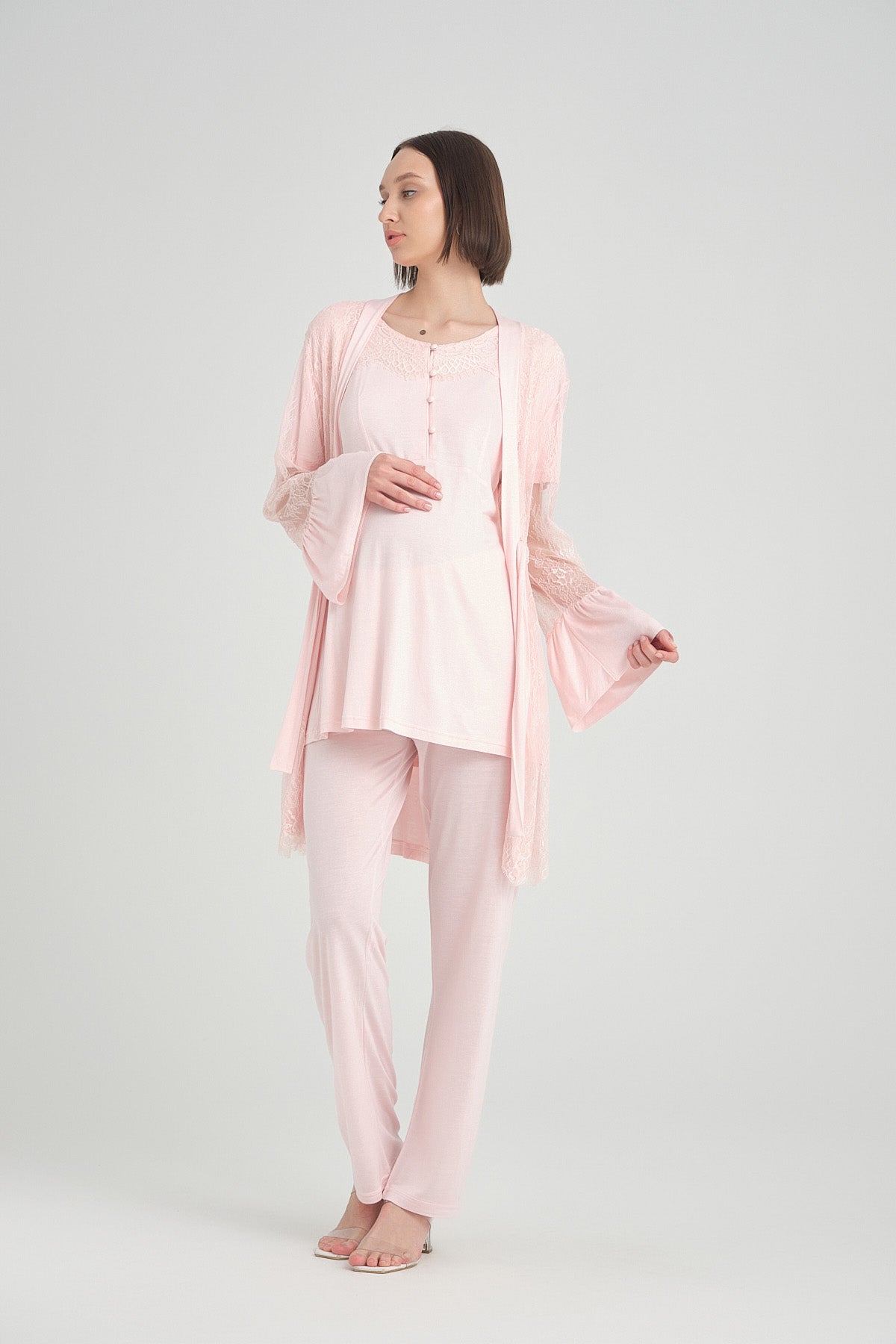 Shopymommy 2360 Lace 3-Pieces Maternity & Nursing Pajamas With Embroidered Robe Pink