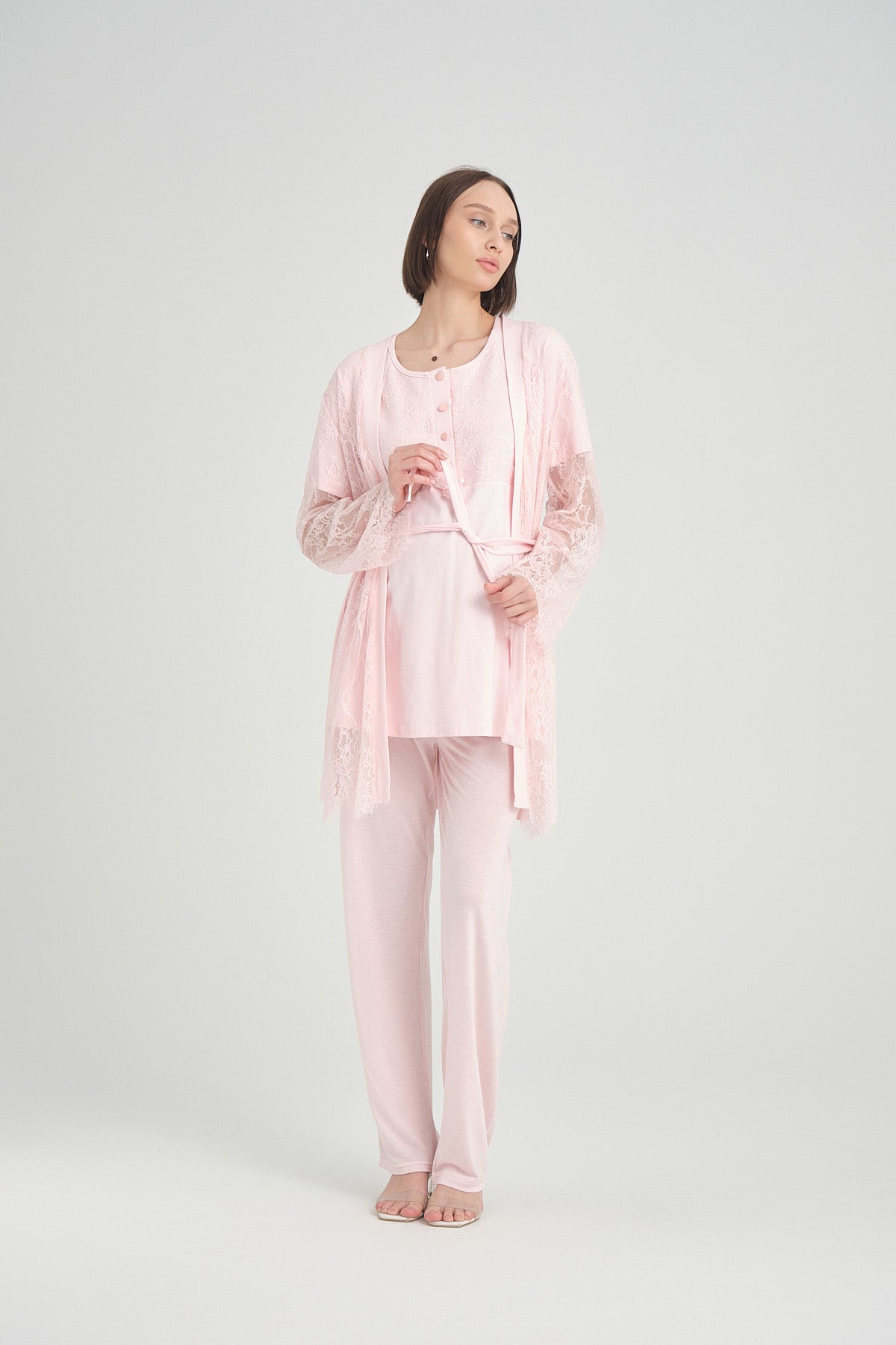 Shopymommy 2370 Lace Detailed 3-Pieces Maternity & Nursing Pajamas With Robe Pink