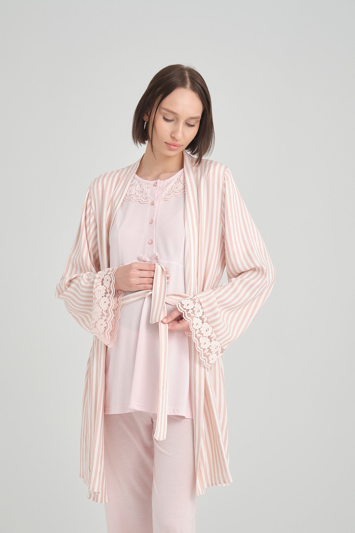 Shopymommy 2369 Lace Collar 3-Pieces Maternity & Nursing Pajamas With Stripe Robe Pink
