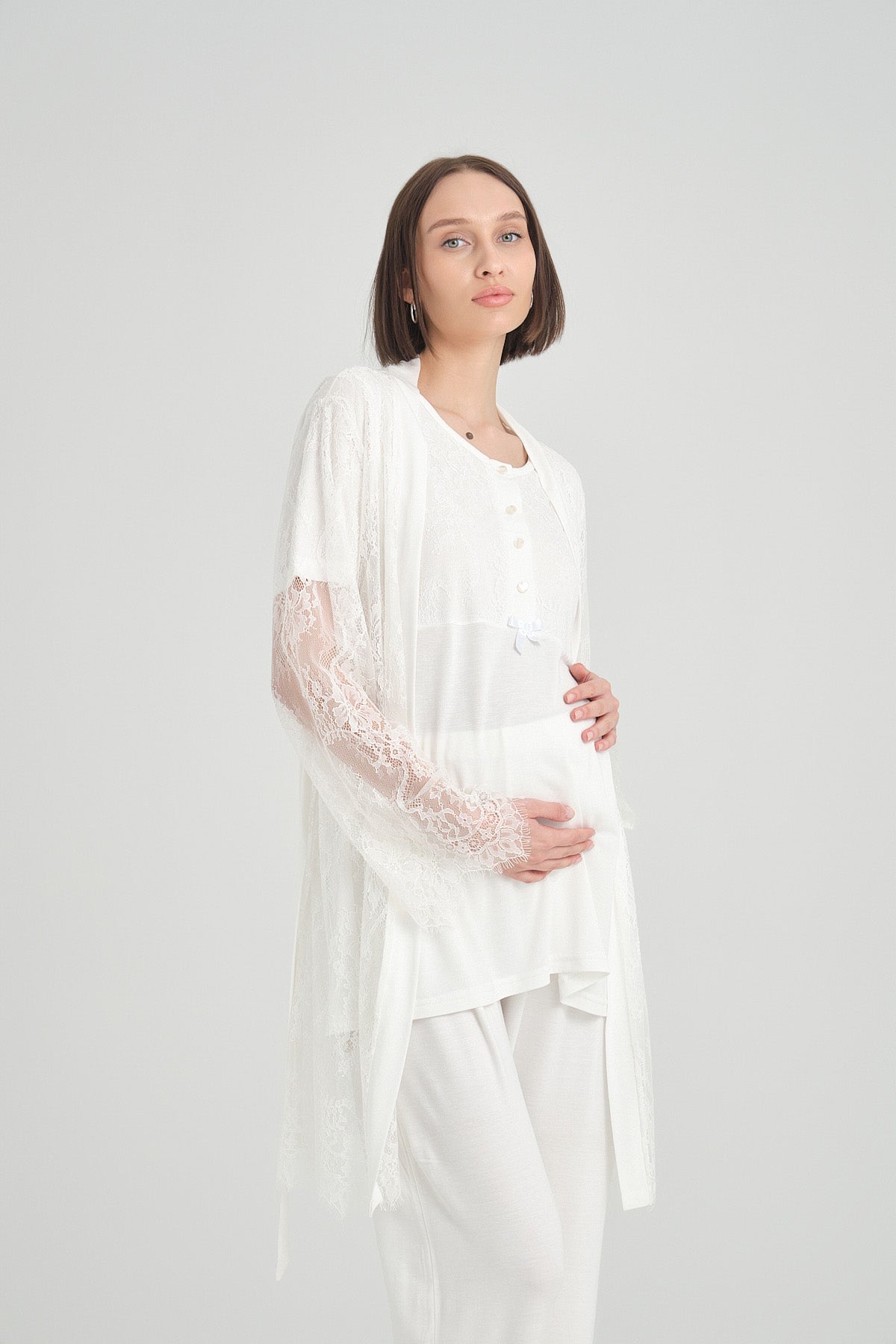 Shopymommy 2366 Lace Detailed 3-Pieces Maternity & Nursing Pajamas With Robe Ecru