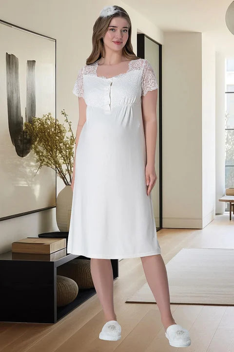 Shopymommy 6013 Lace Trim Button-Up Nursing Nightgown