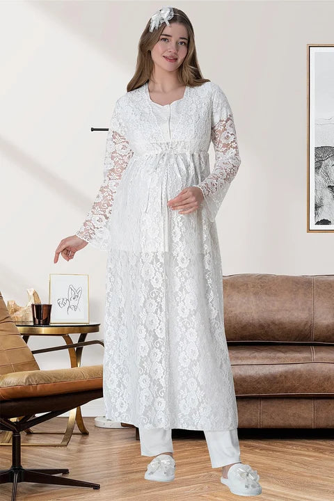 Shopymommy 6060 Lace Trimmed Robe and Nightgown 4-Piece Maternity Set