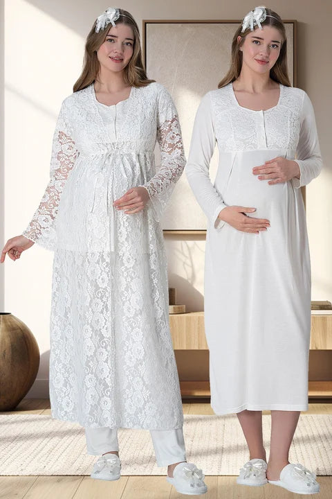 Shopymommy 6060 Lace Trimmed Robe and Nightgown 4-Piece Maternity Set