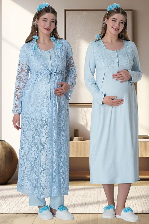 Shopymommy 6060 Lace Trimmed Robe and Nightgown 4-Piece Maternity Set