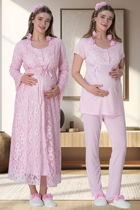 Shopymommy 6060 Lace Trimmed Robe and Nightgown 4-Piece Maternity Set