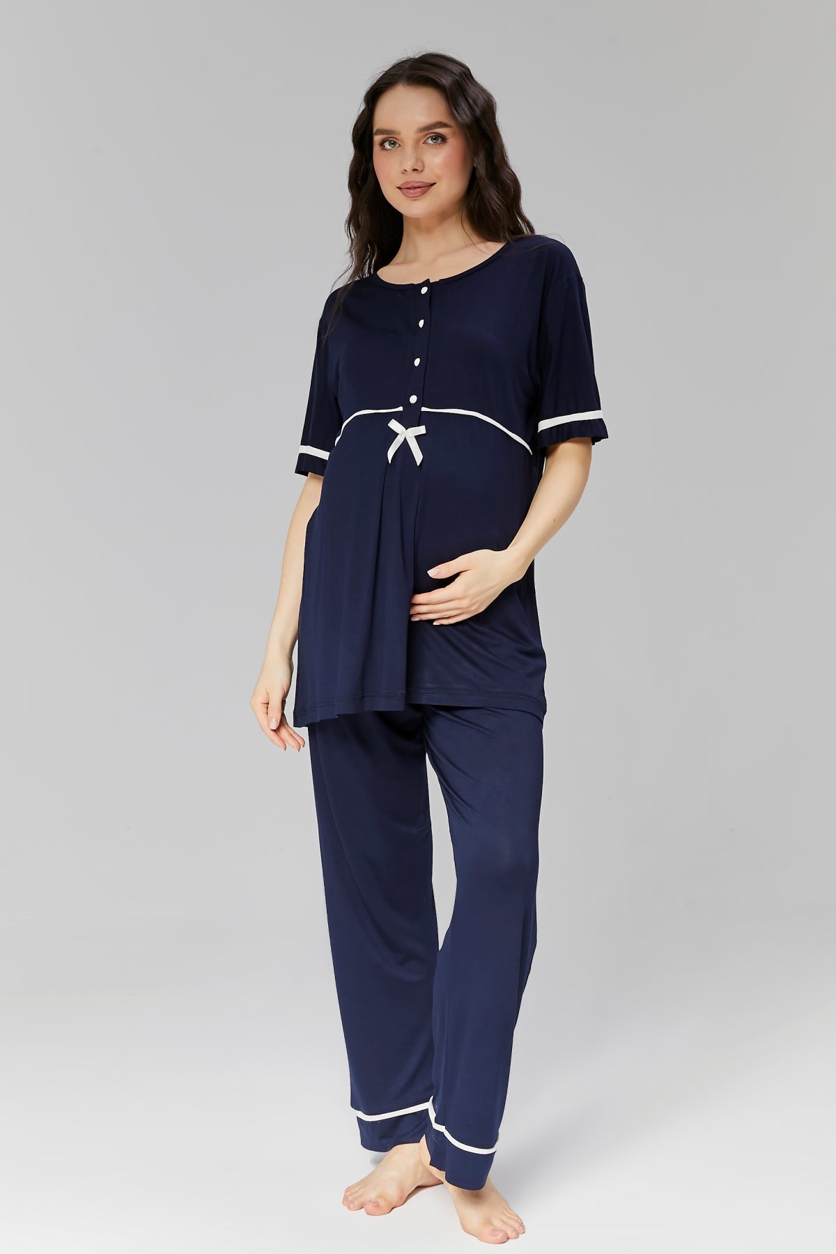 Shopymommy 509 Front-Buttoned Robe Maternity Pajama Set Navy Blue