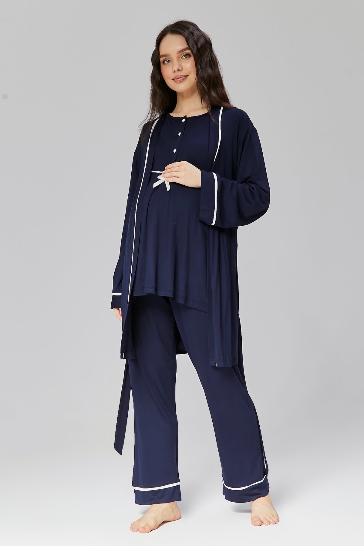 Shopymommy 509 Front-Buttoned Robe Maternity Pajama Set Navy Blue