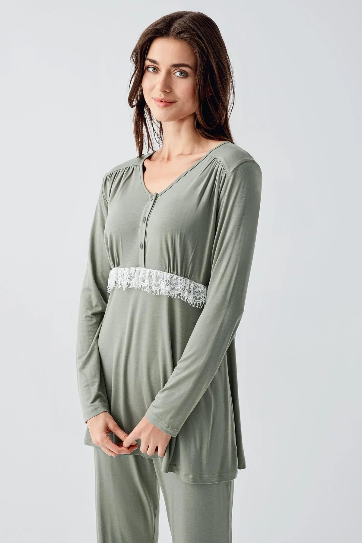 Shopymommy 23101 Lace Detail Maternity Pajama Set with Robe