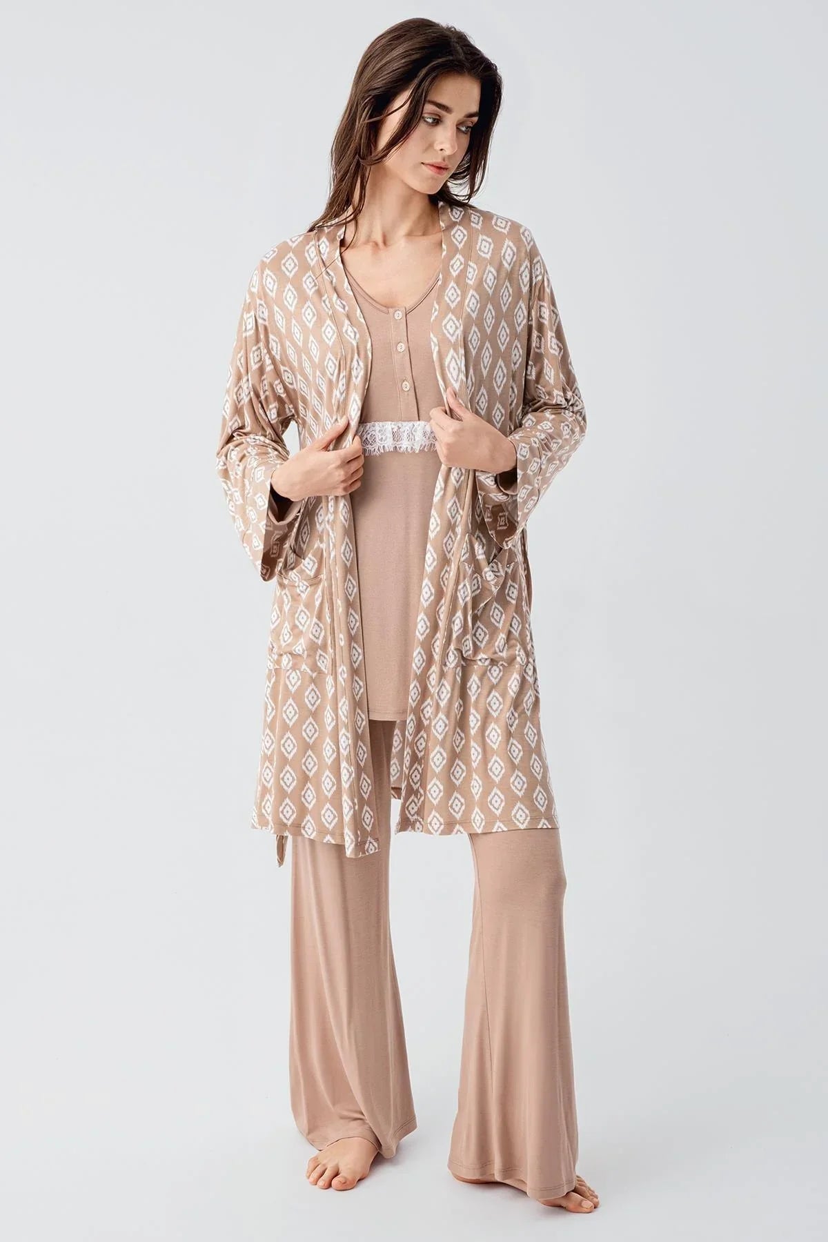 Shopymommy 23101 Lace Detail Maternity Pajama Set with Robe