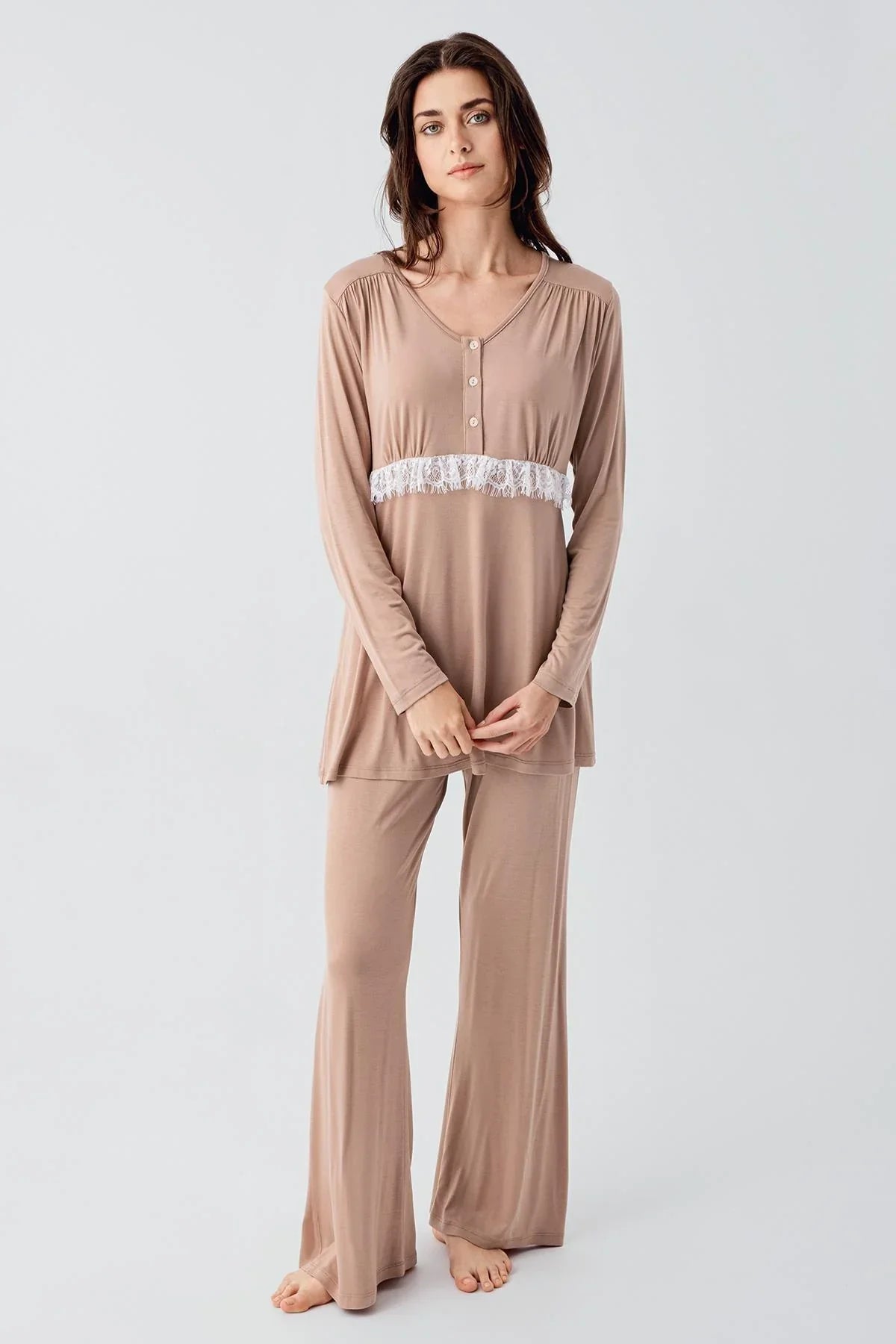 Shopymommy 23101 Lace Detail Maternity Pajama Set with Robe