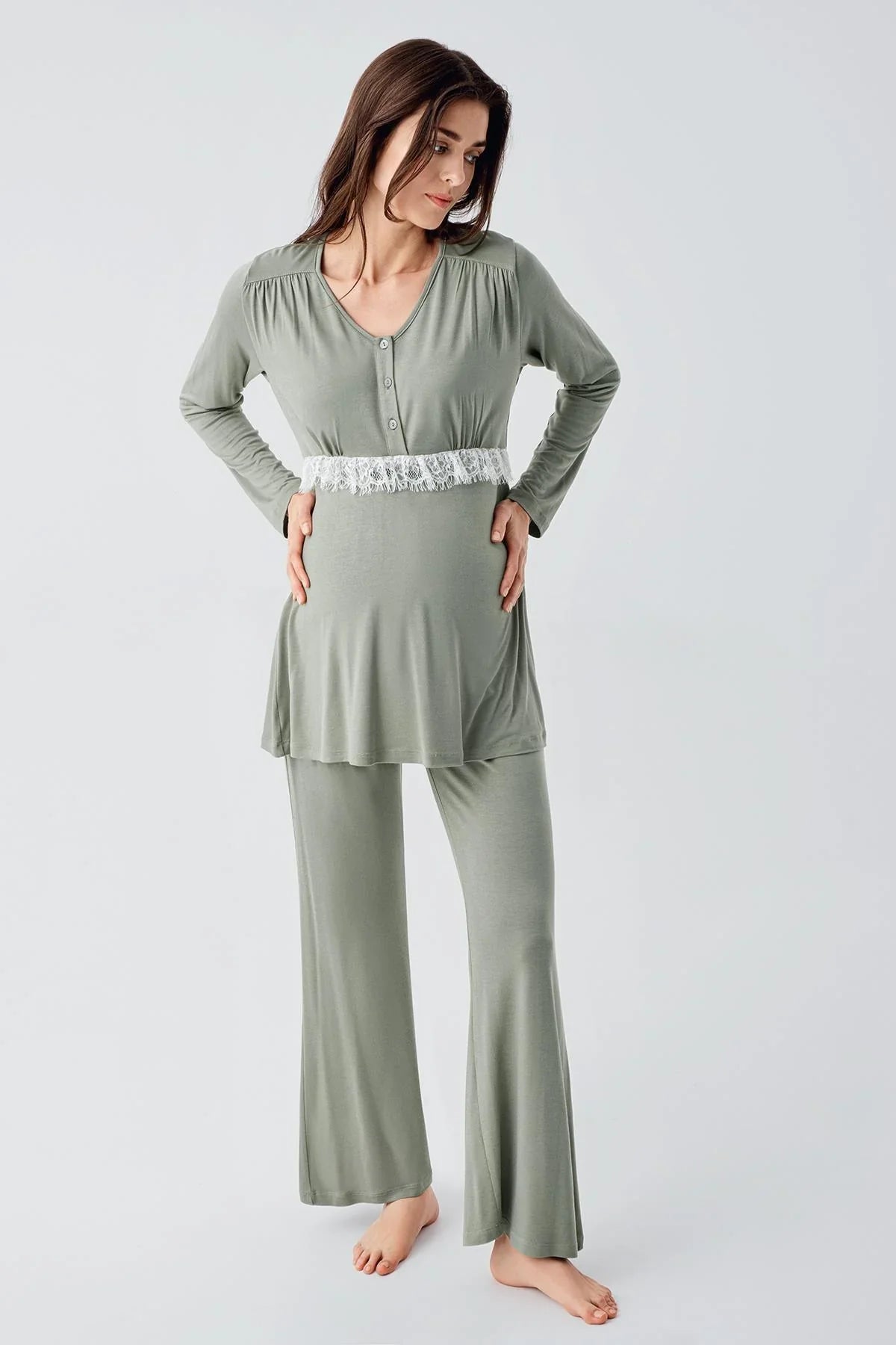 Shopymommy 23101 Lace Detail Maternity Pajama Set with Robe