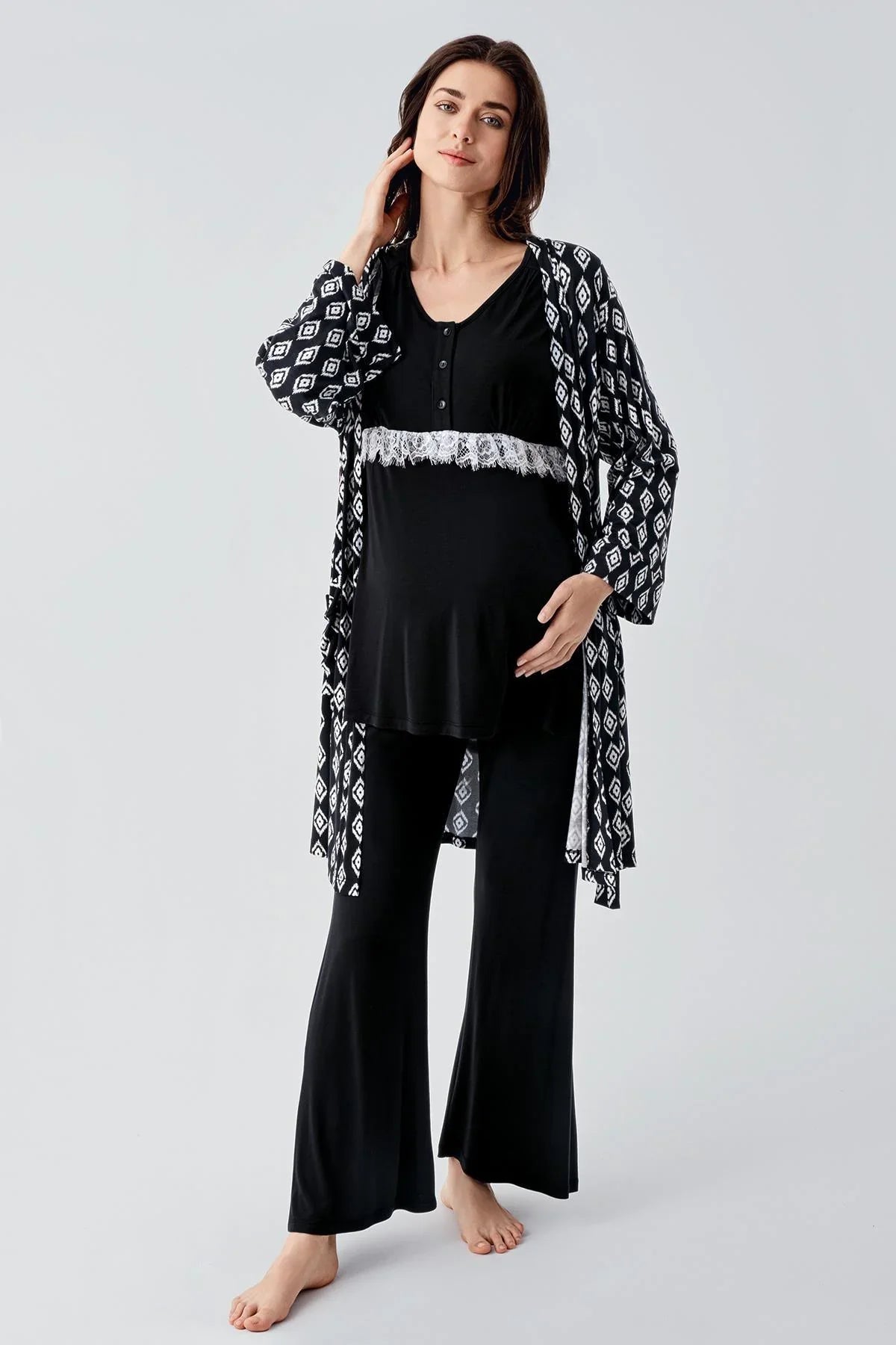 Shopymommy 23101 Lace Detail Maternity Pajama Set with Robe