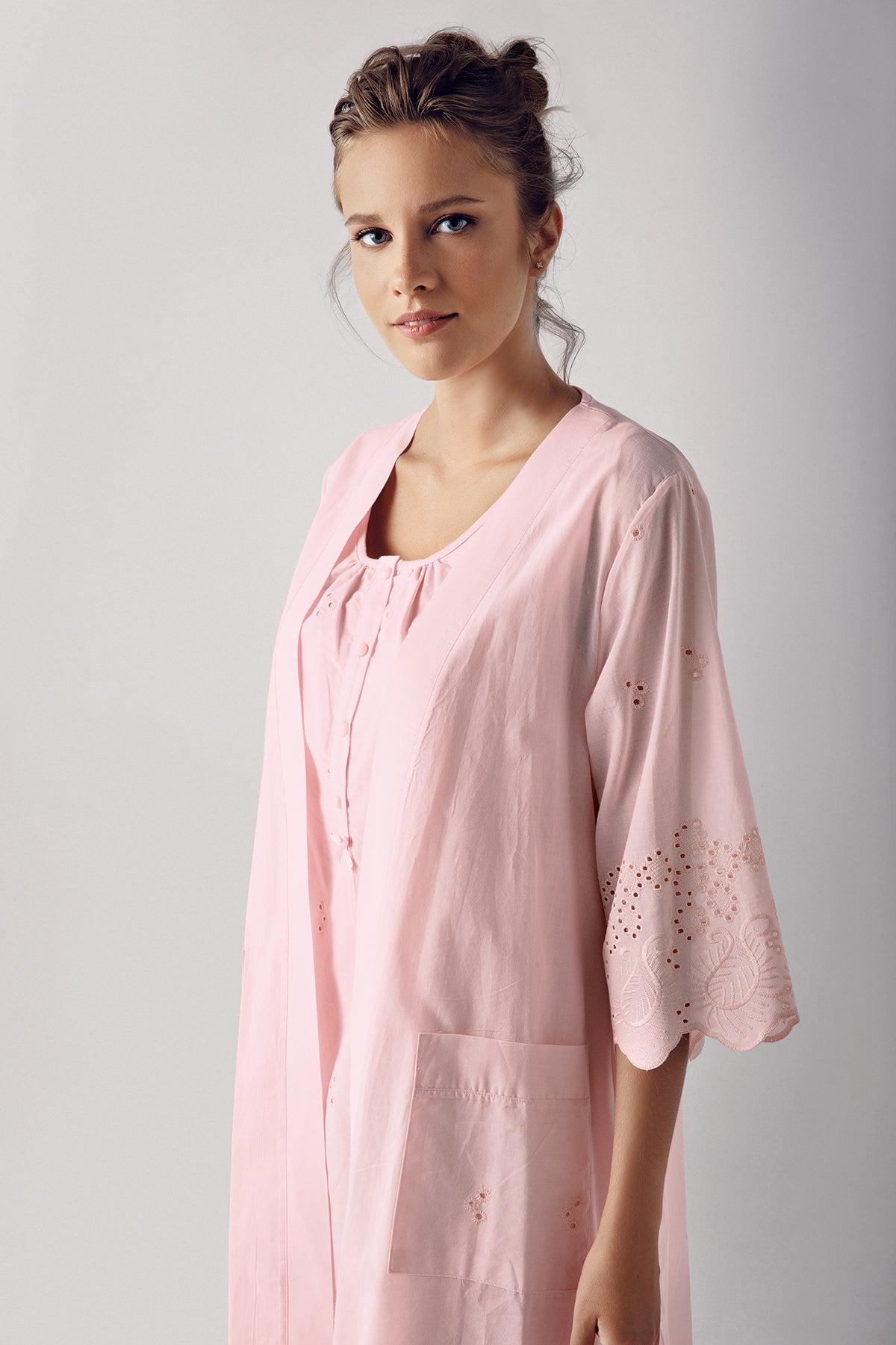 Shopymommy 10402 Cotton Weaving Maternity & Nursing Nightgown With Robe Powder