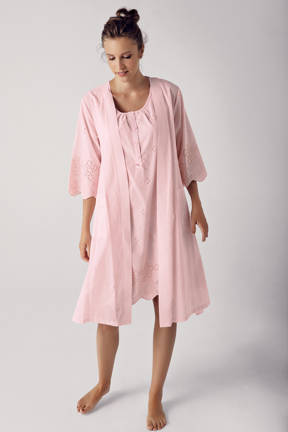 Shopymommy 10402 Cotton Weaving Maternity & Nursing Nightgown With Robe Powder