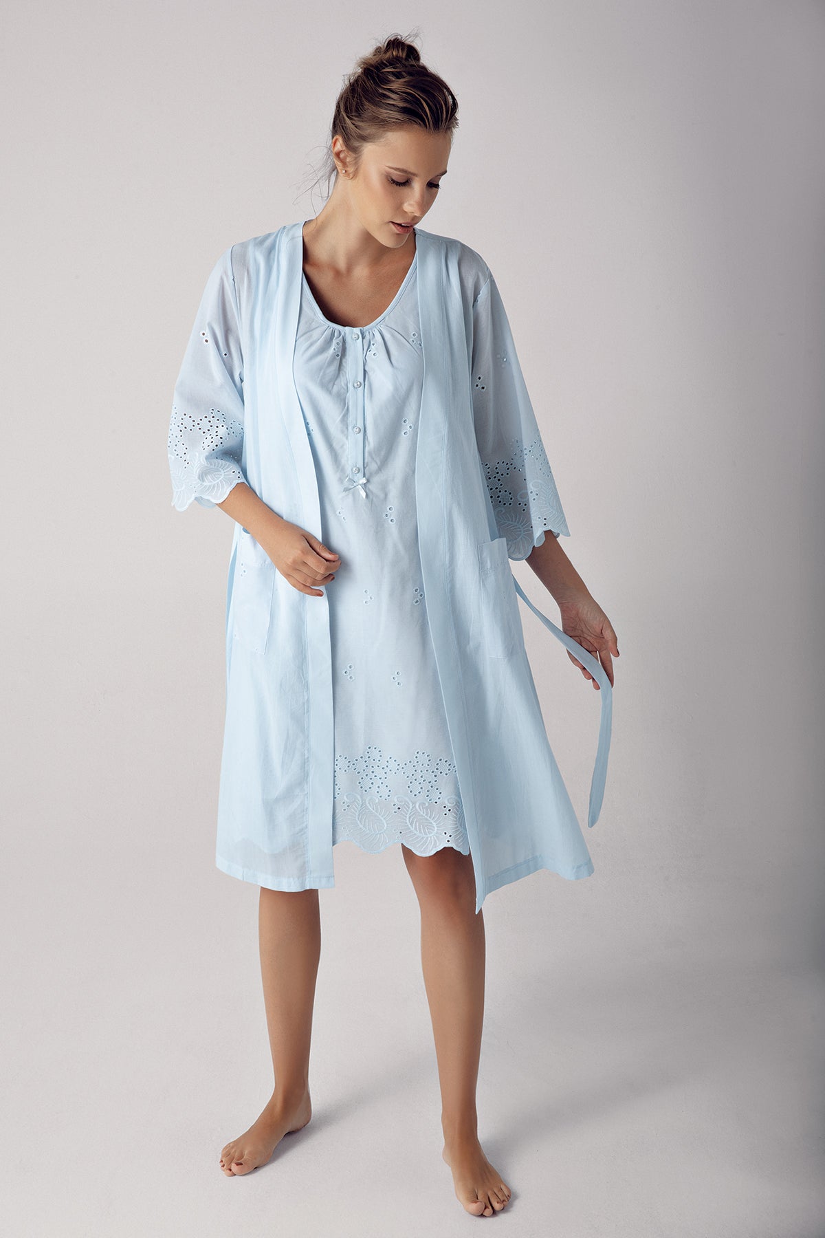 Shopymommy 10402 Cotton Weaving Maternity & Nursing Nightgown With Robe Blue