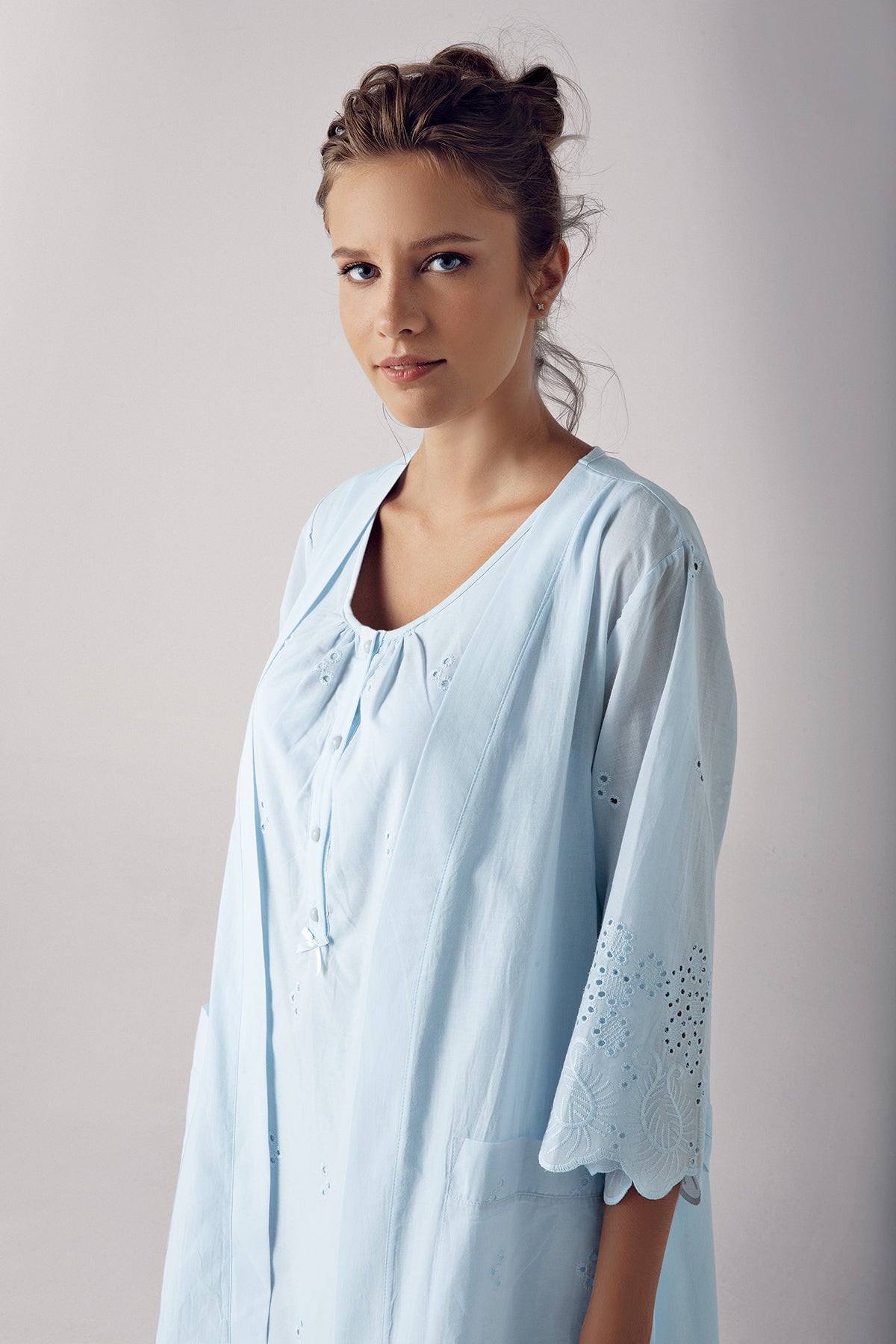 Shopymommy 10402 Cotton Weaving Maternity & Nursing Nightgown With Robe Blue