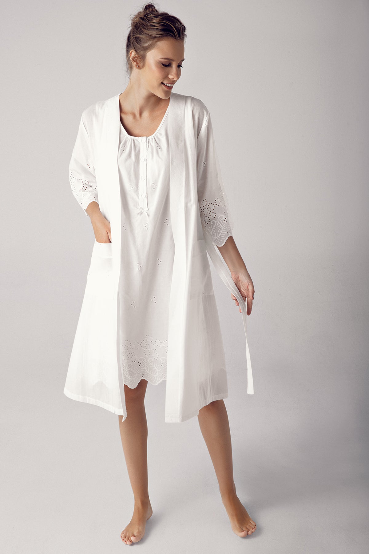 Shopymommy 10402 Cotton Weaving Maternity & Nursing Nightgown With Robe Ecru