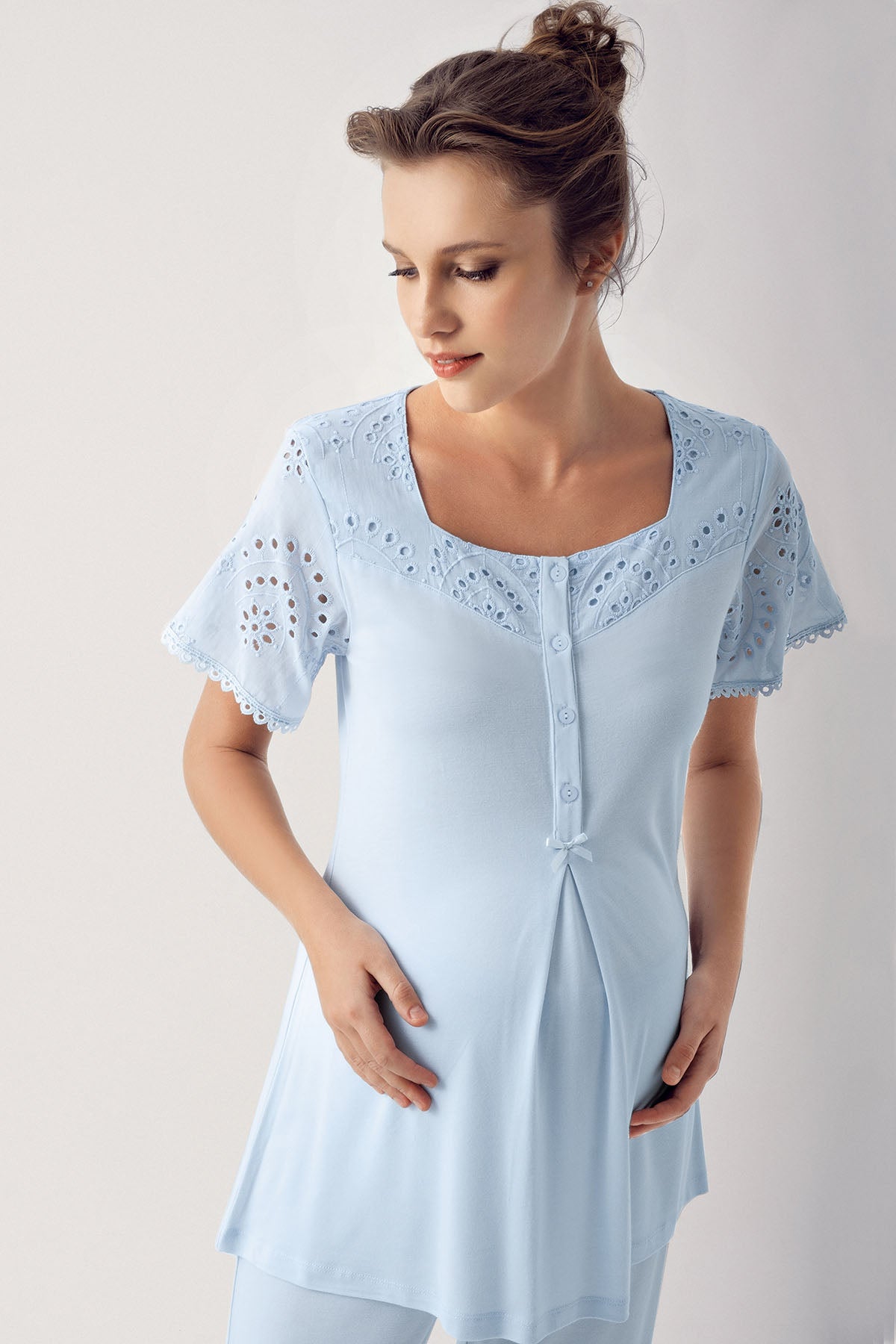 Shopymommy 12305 Motif Embroidered 3-Pieces Maternity & Nursing Pajamas With Robe Blue